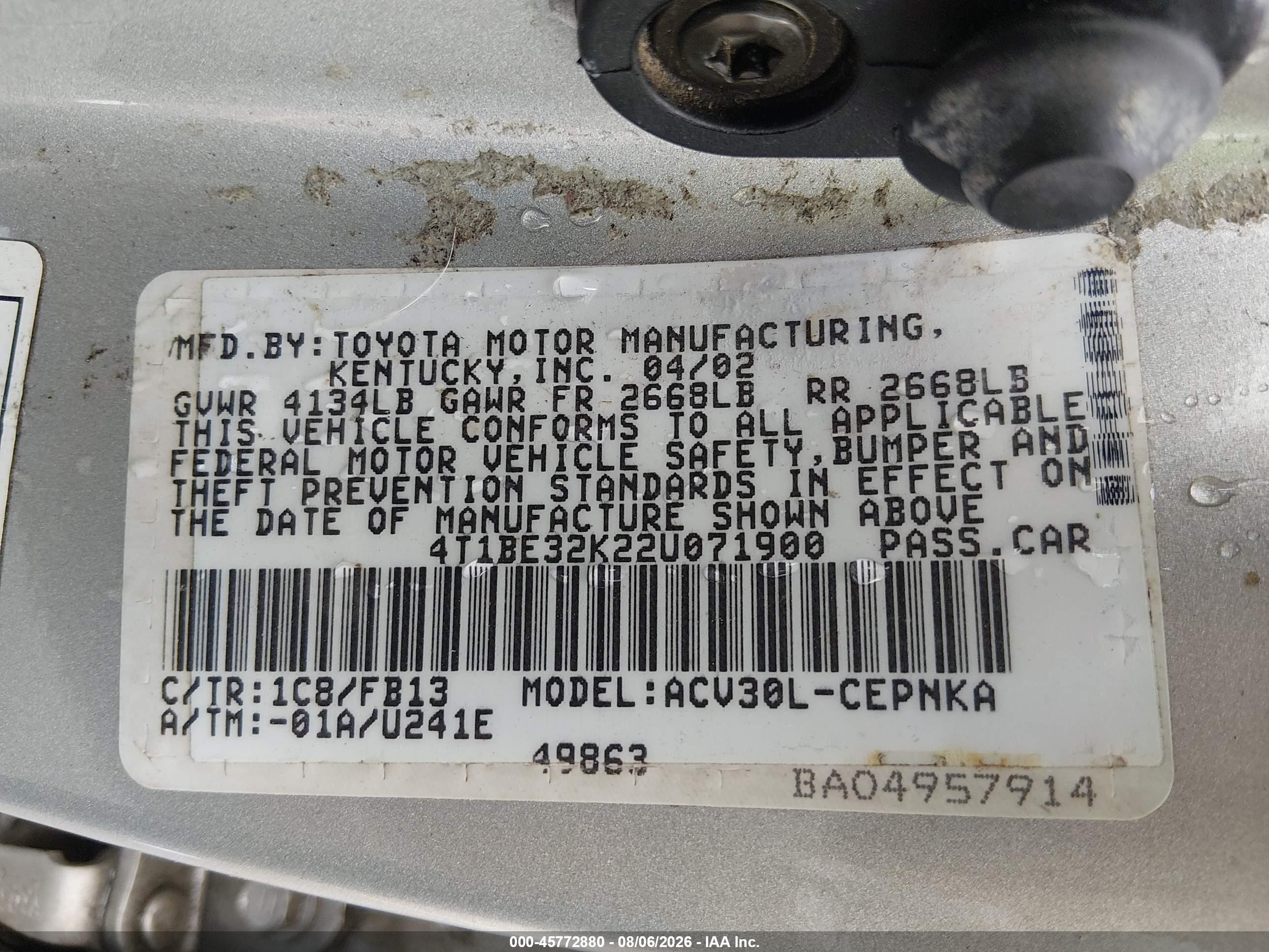 2002 Toyota Camry Le Silver vin: 4T1BE32K22U071900