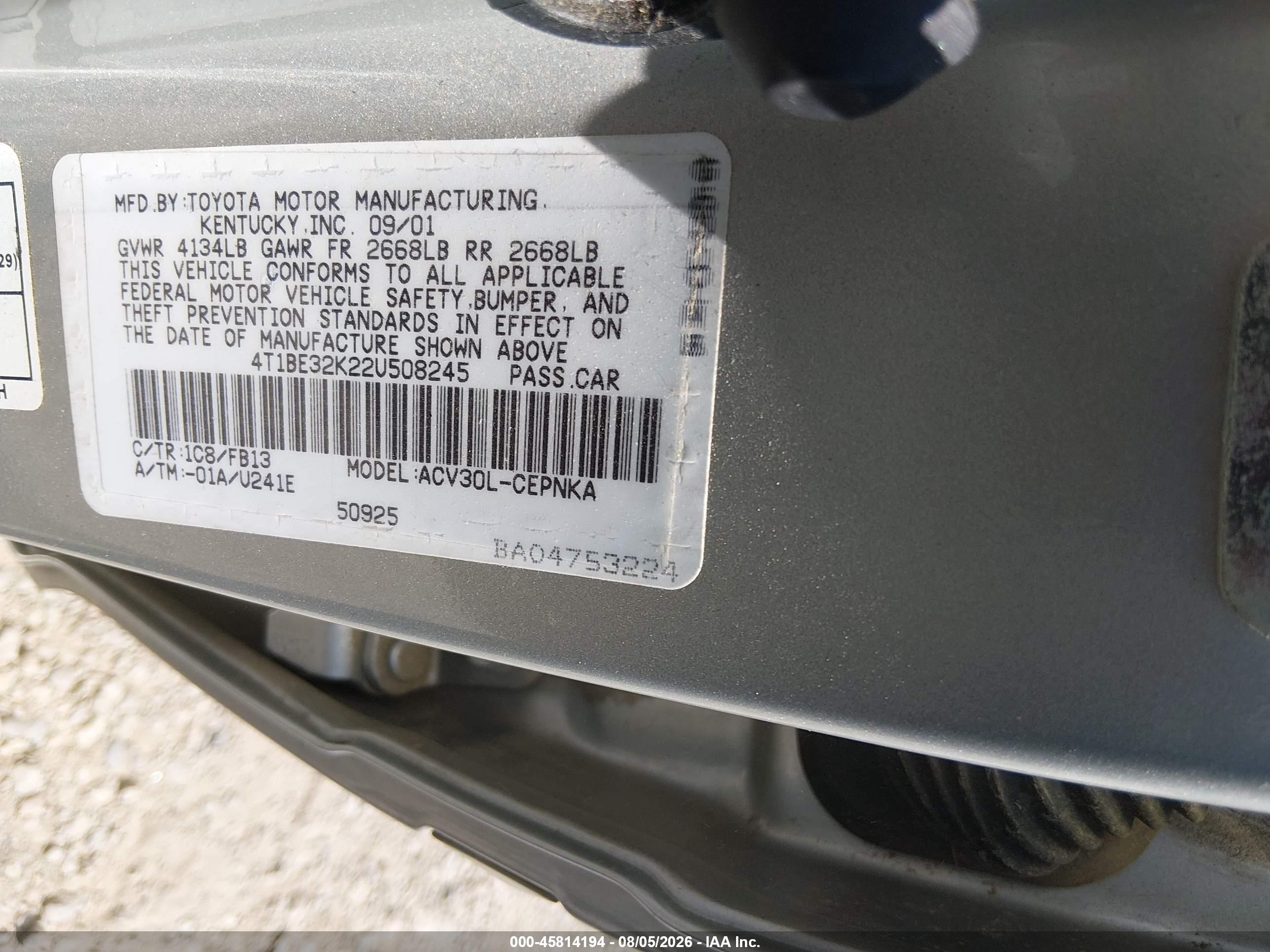 2002 Toyota Camry Le Silver vin: 4T1BE32K22U508245