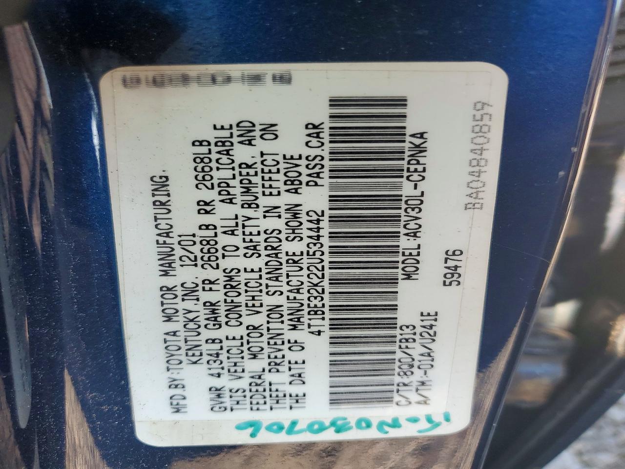 2002 Toyota Camry Le Blue vin: 4T1BE32K22U534442