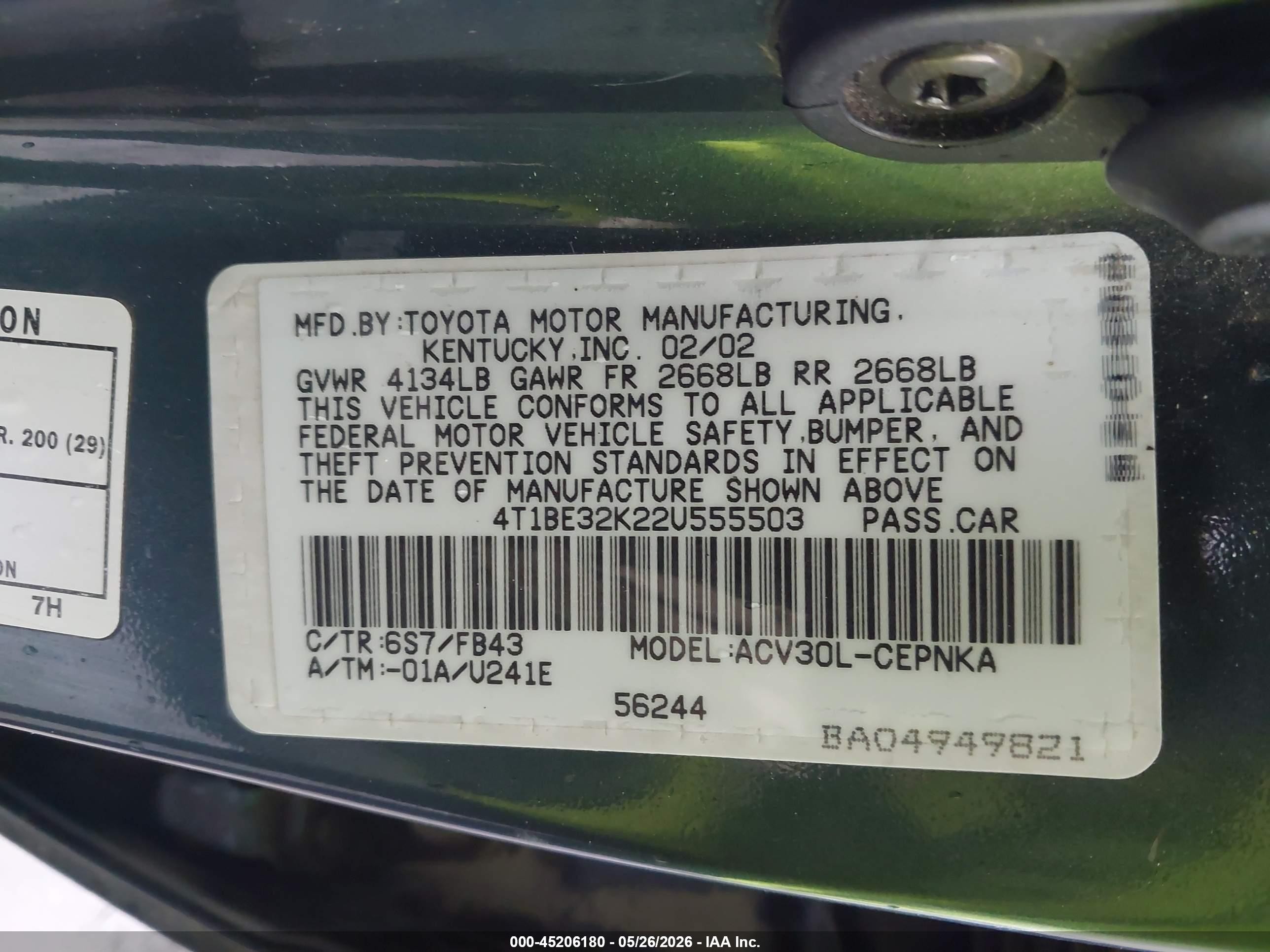 2002 Toyota Camry Le Green vin: 4T1BE32K22U555503