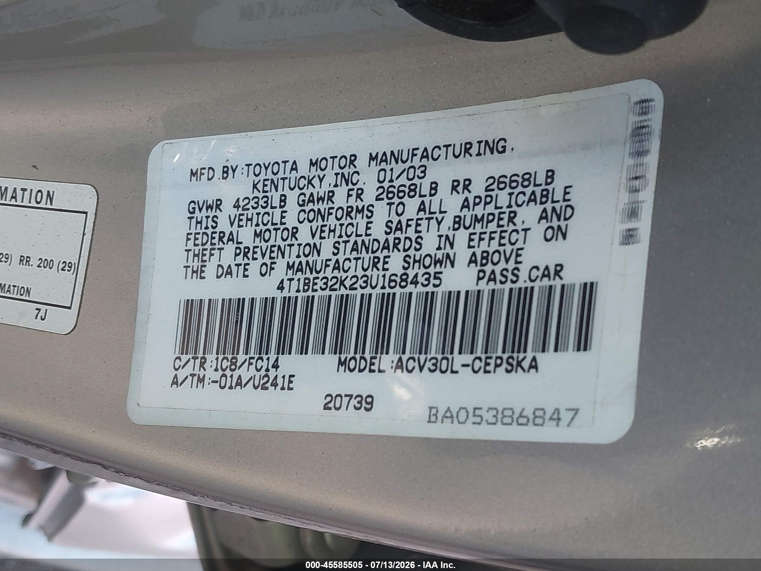 2003 Toyota Camry Se Серебряный vin: 4T1BE32K23U168435