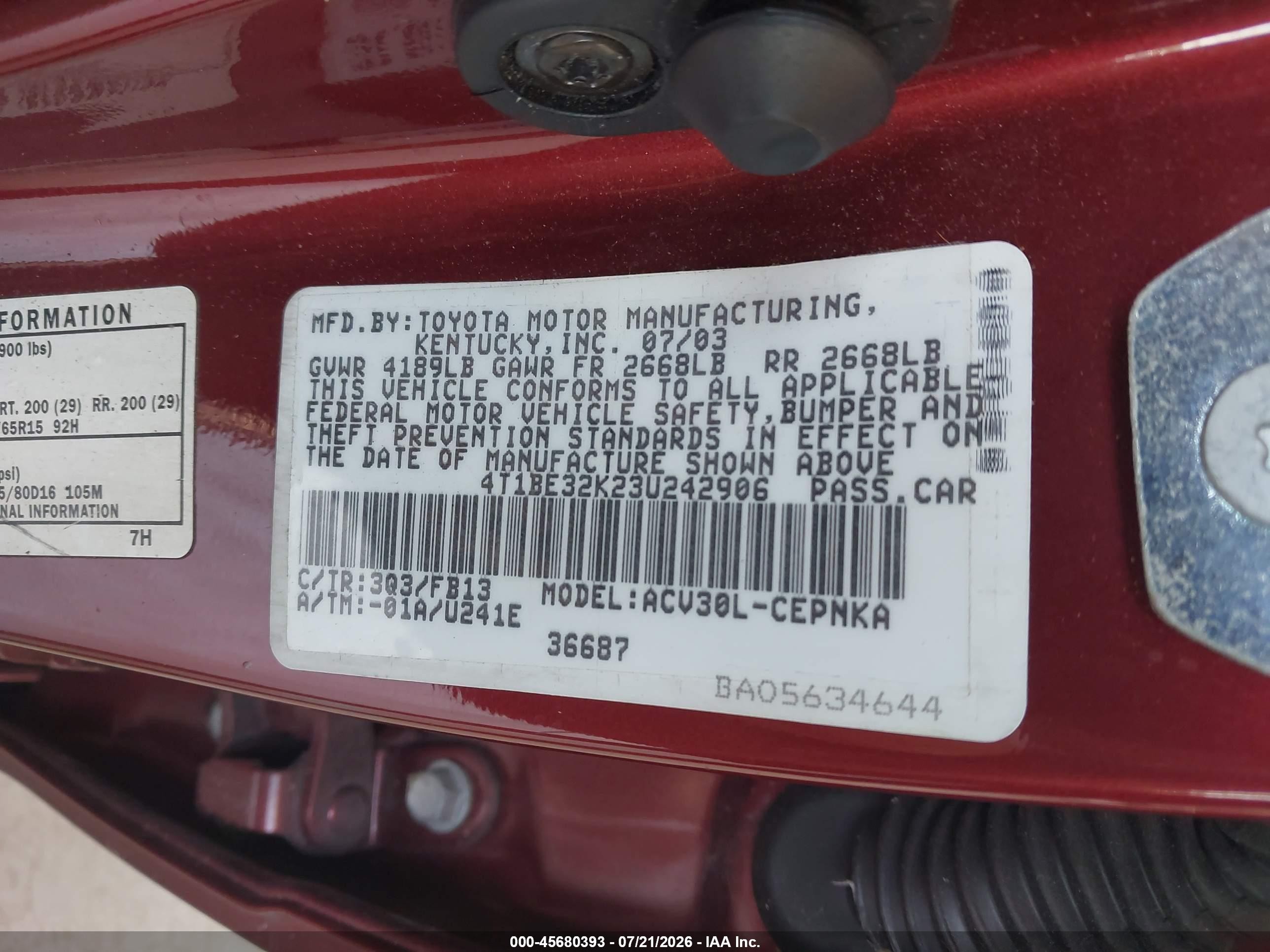 2003 Toyota Camry Le Burgundy vin: 4T1BE32K23U242906