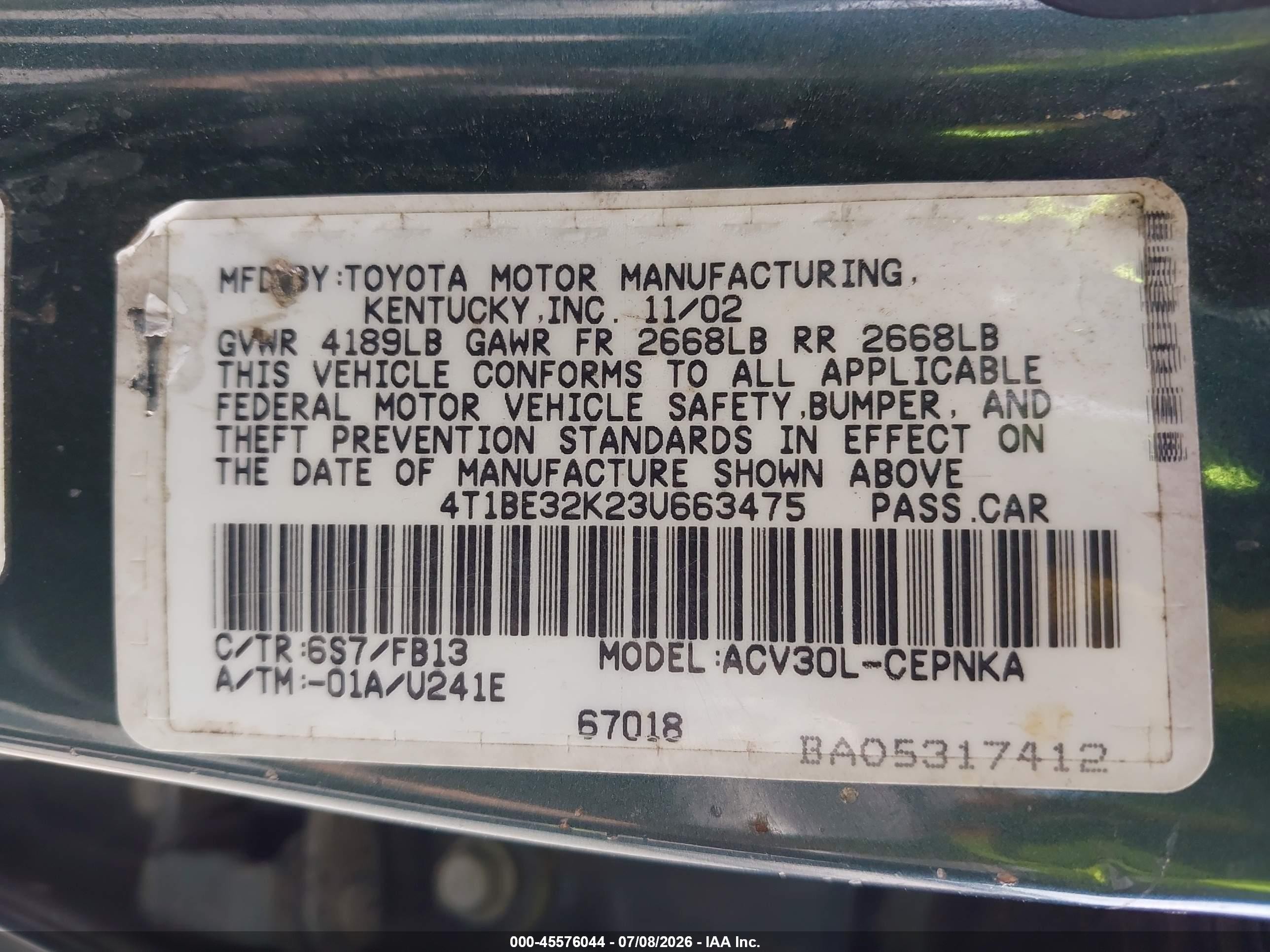 2003 Toyota Camry Le Серый vin: 4T1BE32K23U663475