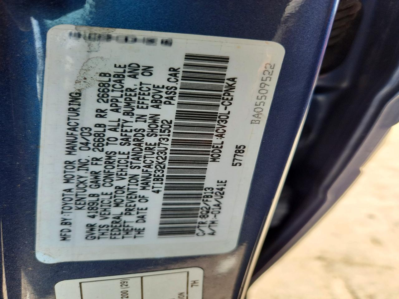 2003 Toyota Camry Le Blue vin: 4T1BE32K23U731502
