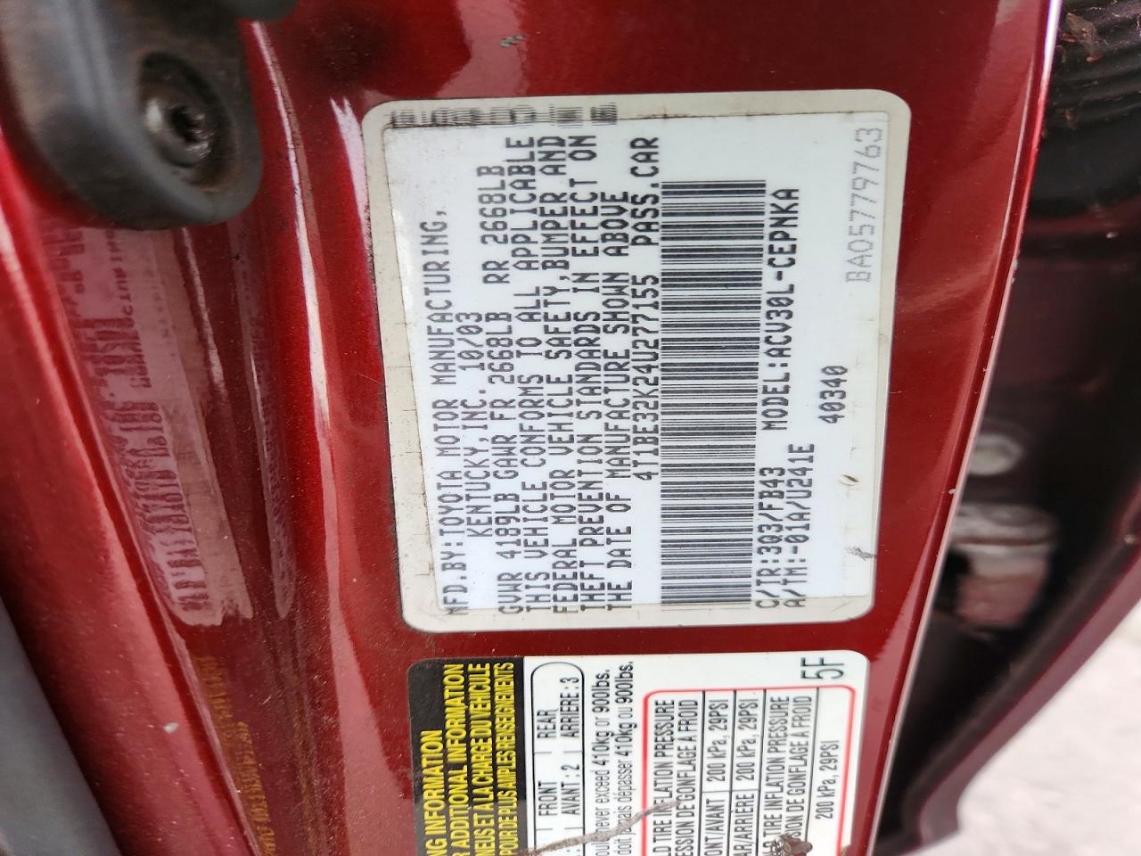 2004 Toyota Camry Le Burgundy vin: 4T1BE32K24U277155
