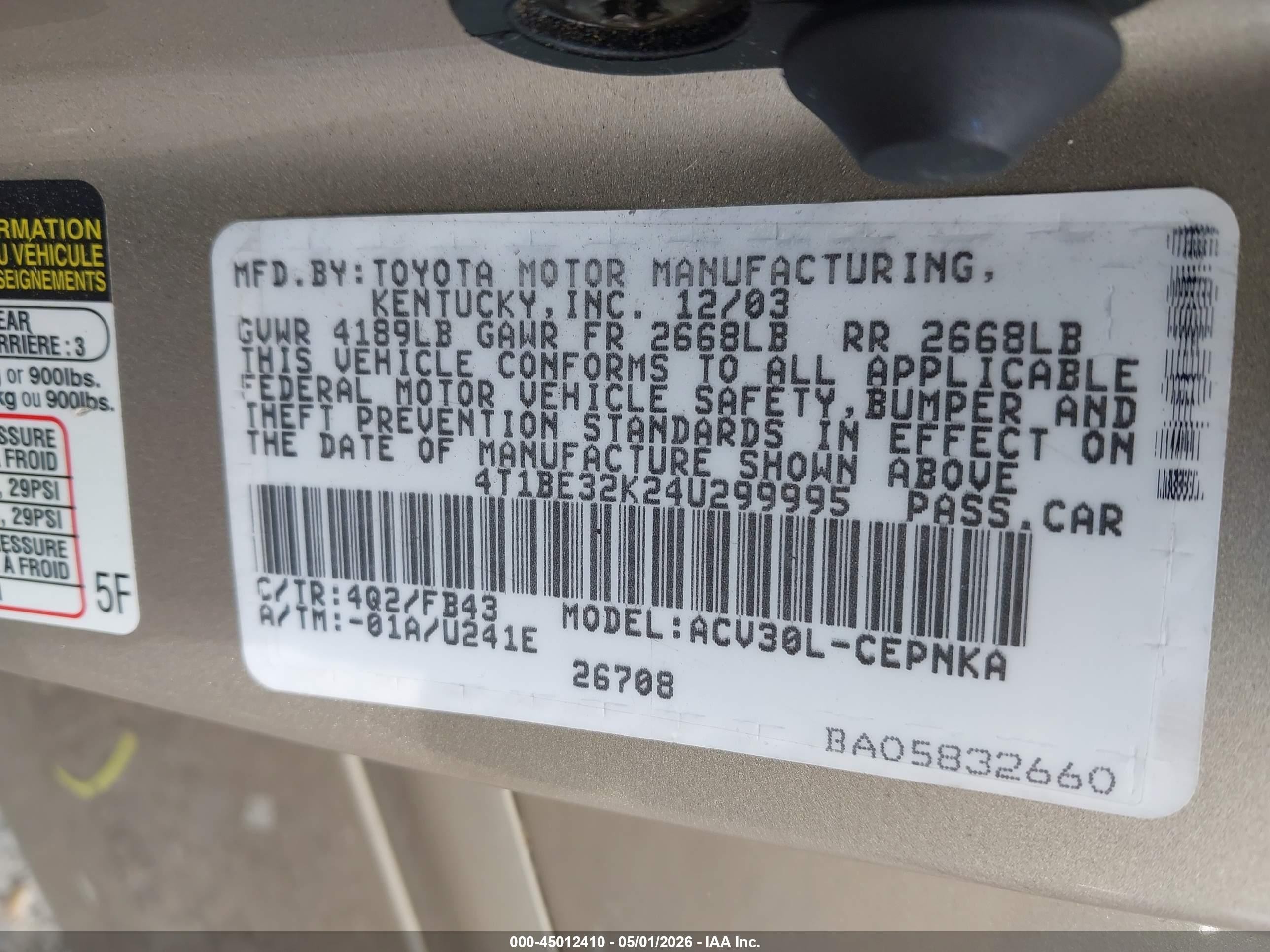 2004 Toyota Camry Le/se/std/xle Желто-коричневый vin: 4T1BE32K24U299995