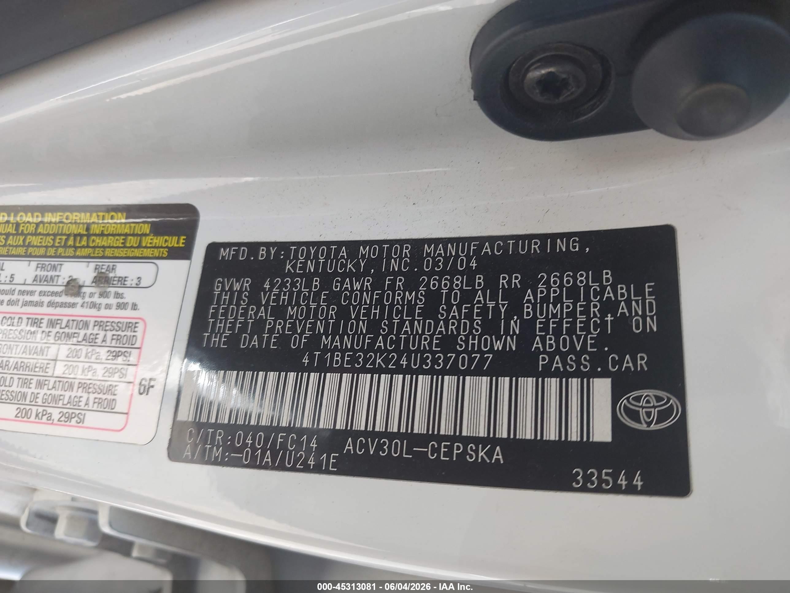 2004 Toyota Camry Se Белый vin: 4T1BE32K24U337077