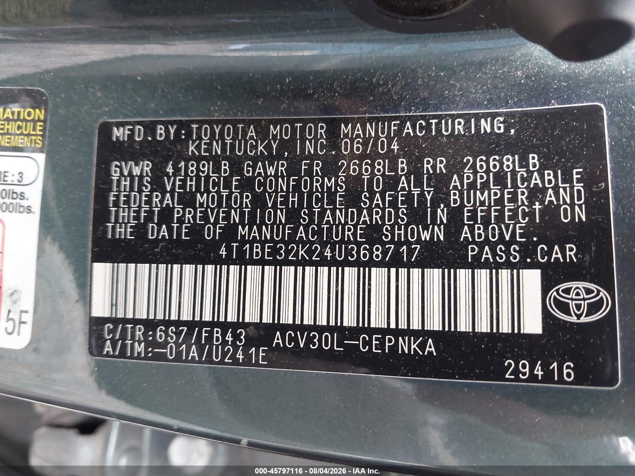 2004 Toyota Camry Le Green vin: 4T1BE32K24U368717