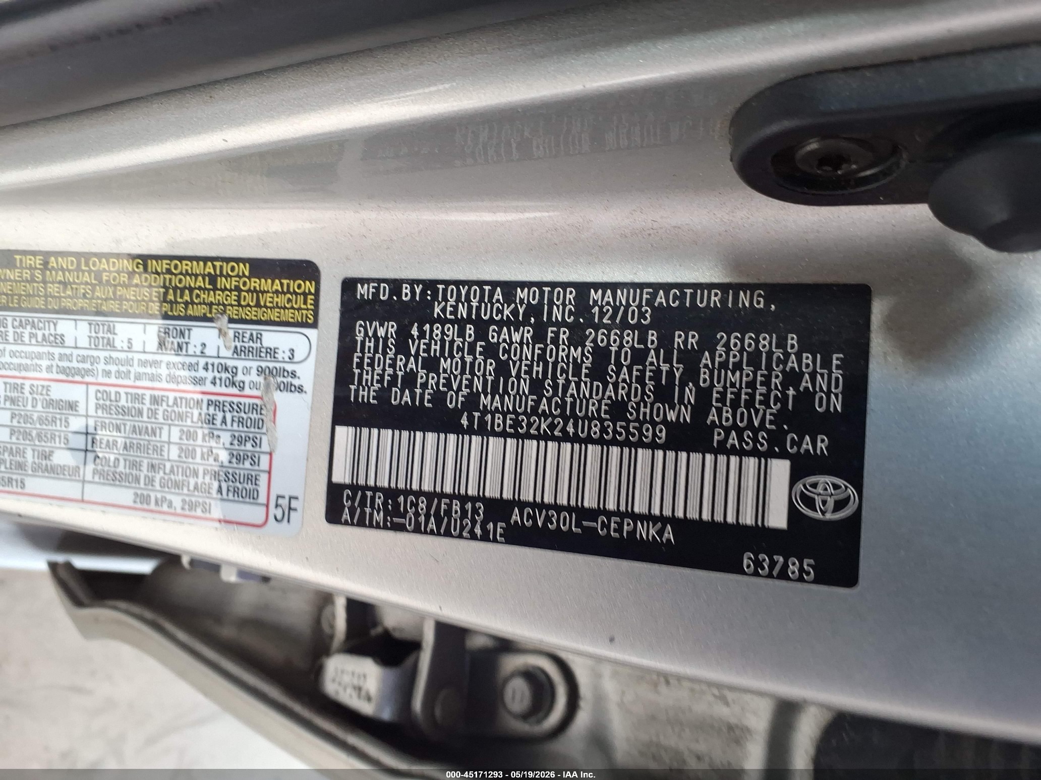 2004 Toyota Camry Le Серый vin: 4T1BE32K24U835599