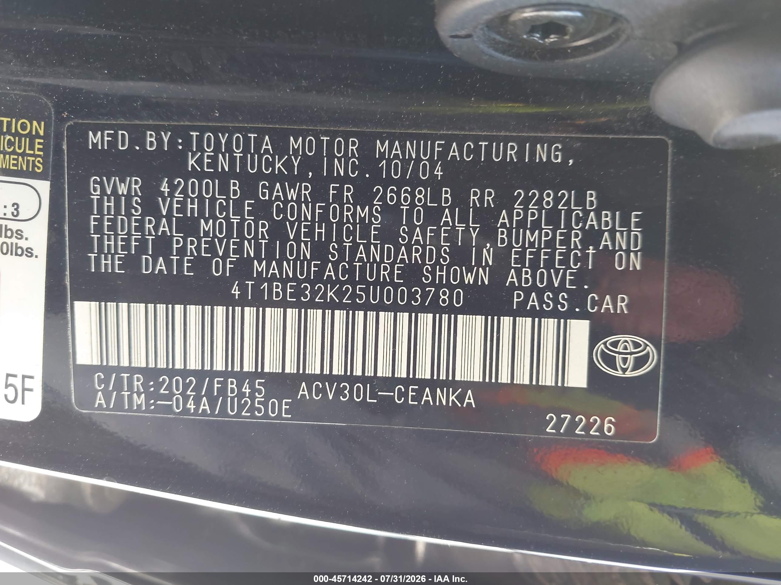 2005 Toyota Camry Le Black vin: 4T1BE32K25U003780