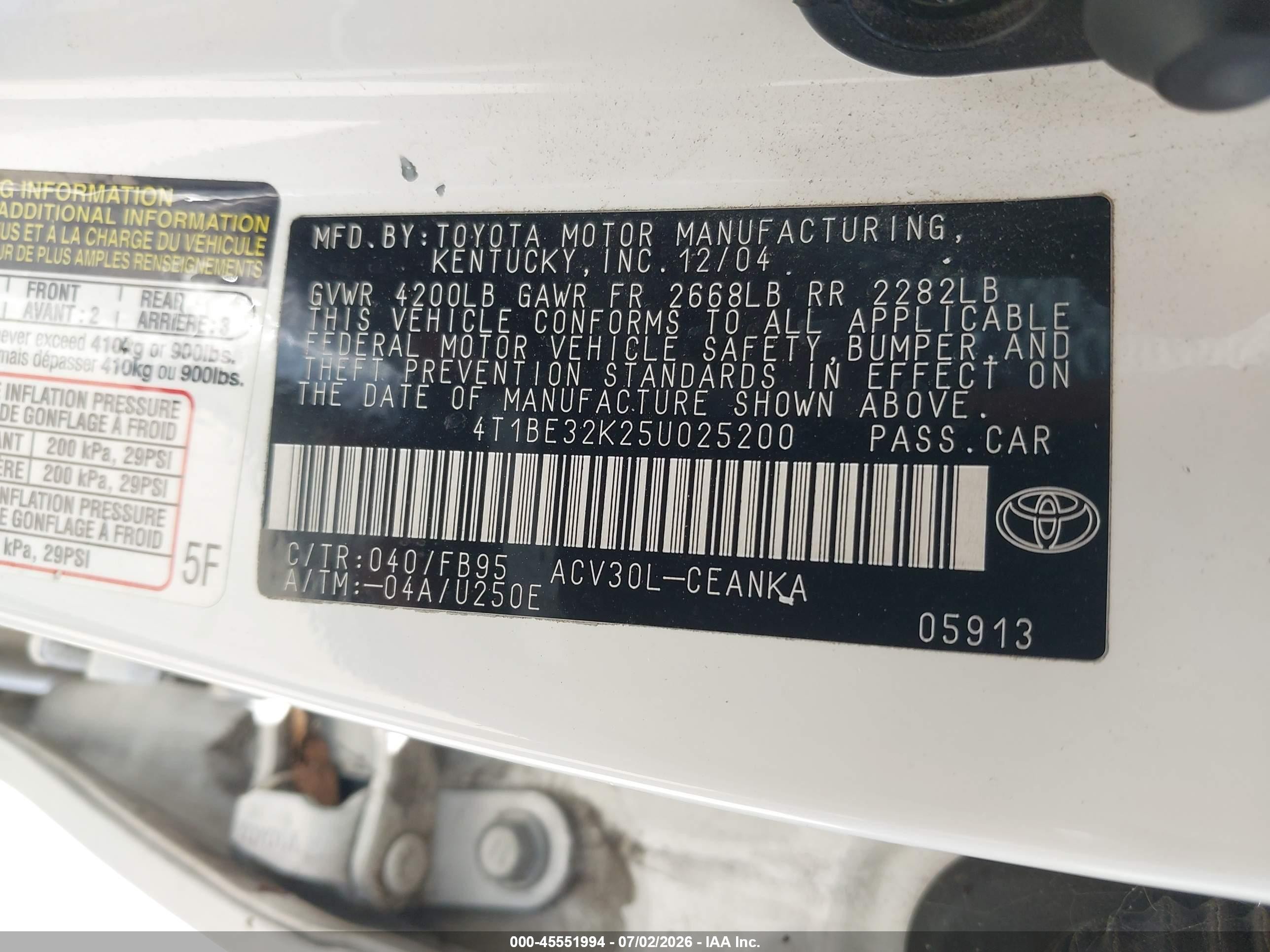 2005 Toyota Camry Le White vin: 4T1BE32K25U025200