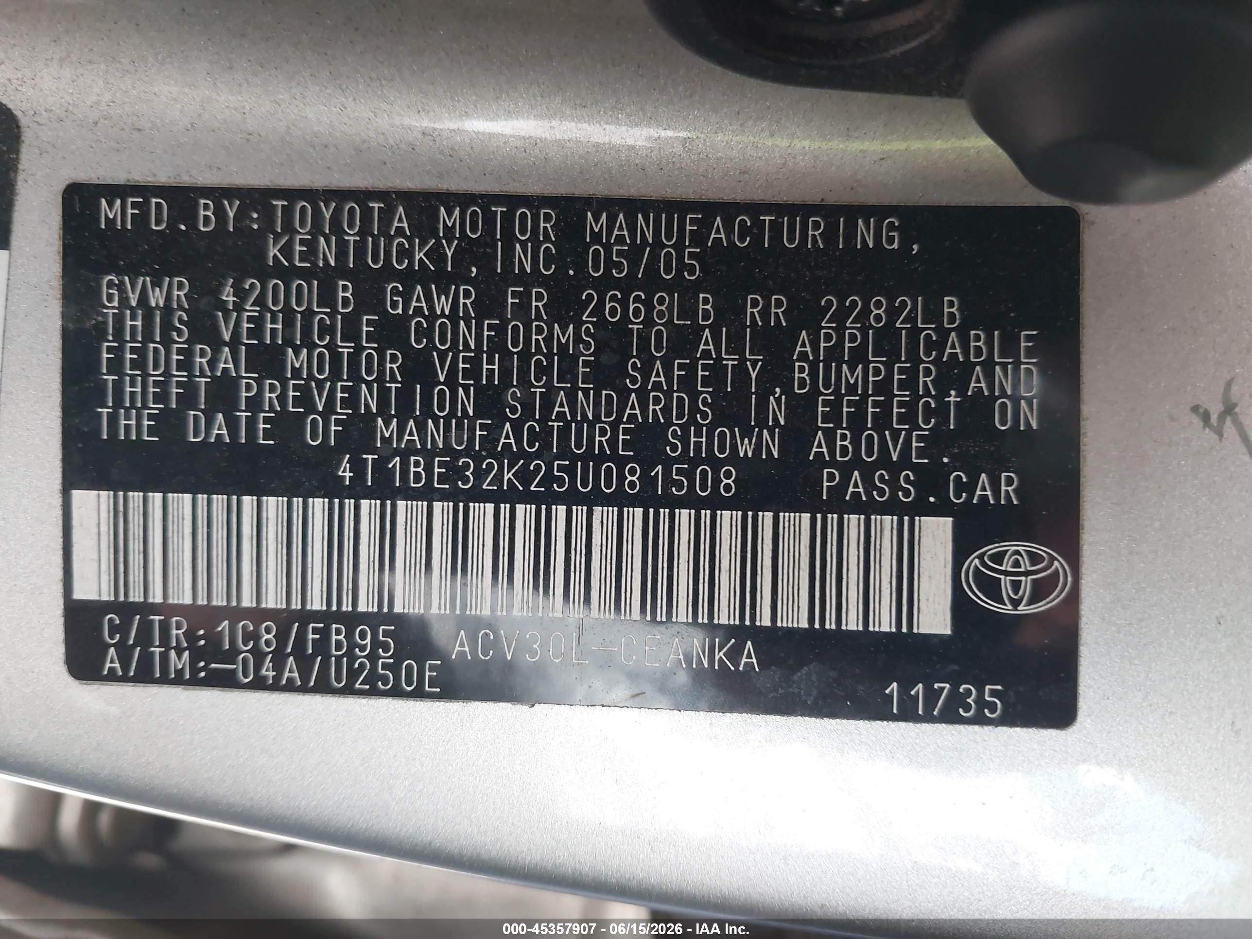 2005 Toyota Camry Le Серебряный vin: 4T1BE32K25U081508
