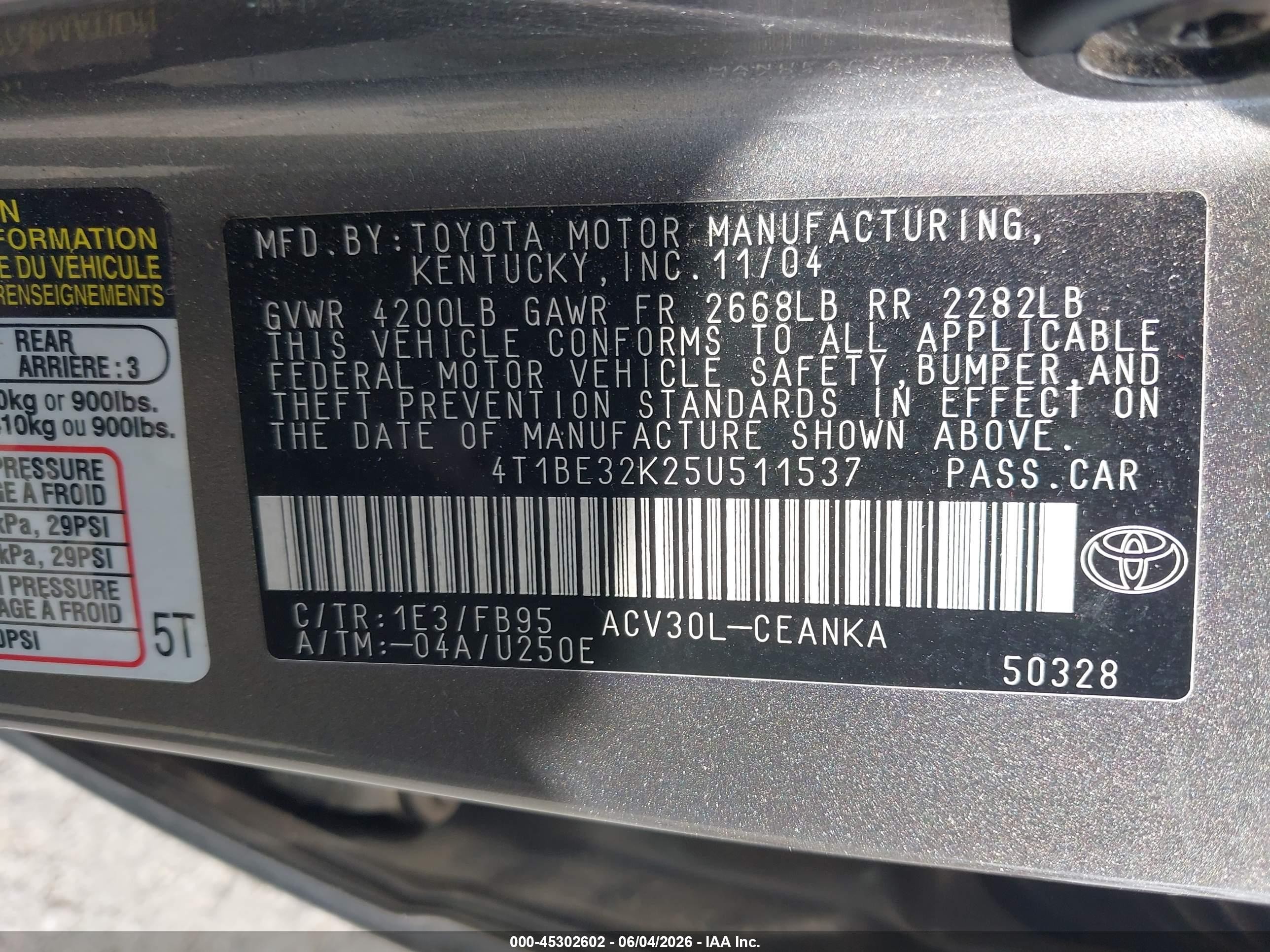 2005 Toyota Camry Std Gray vin: 4T1BE32K25U511537