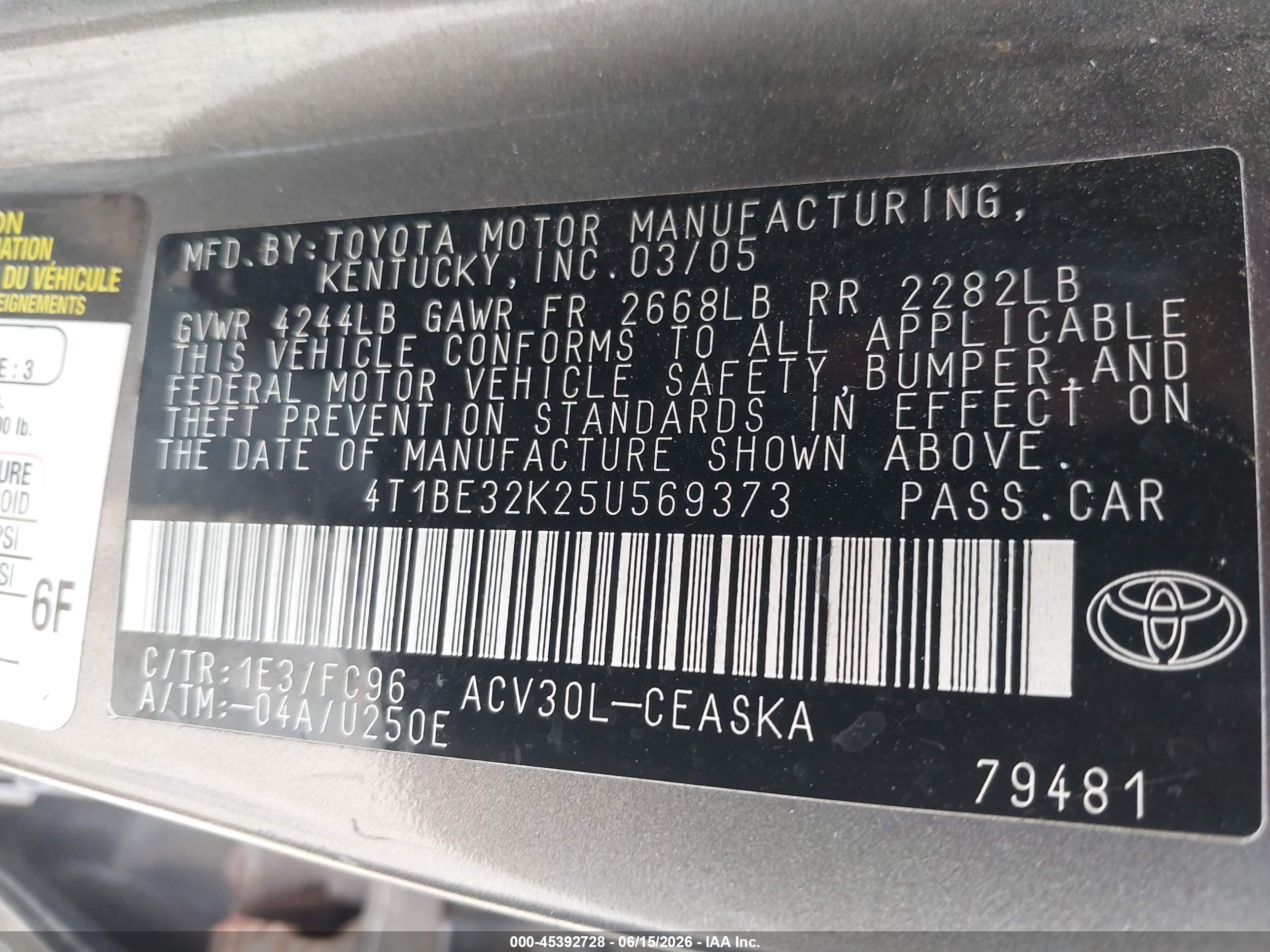 2005 Toyota Camry Se Gray vin: 4T1BE32K25U569373