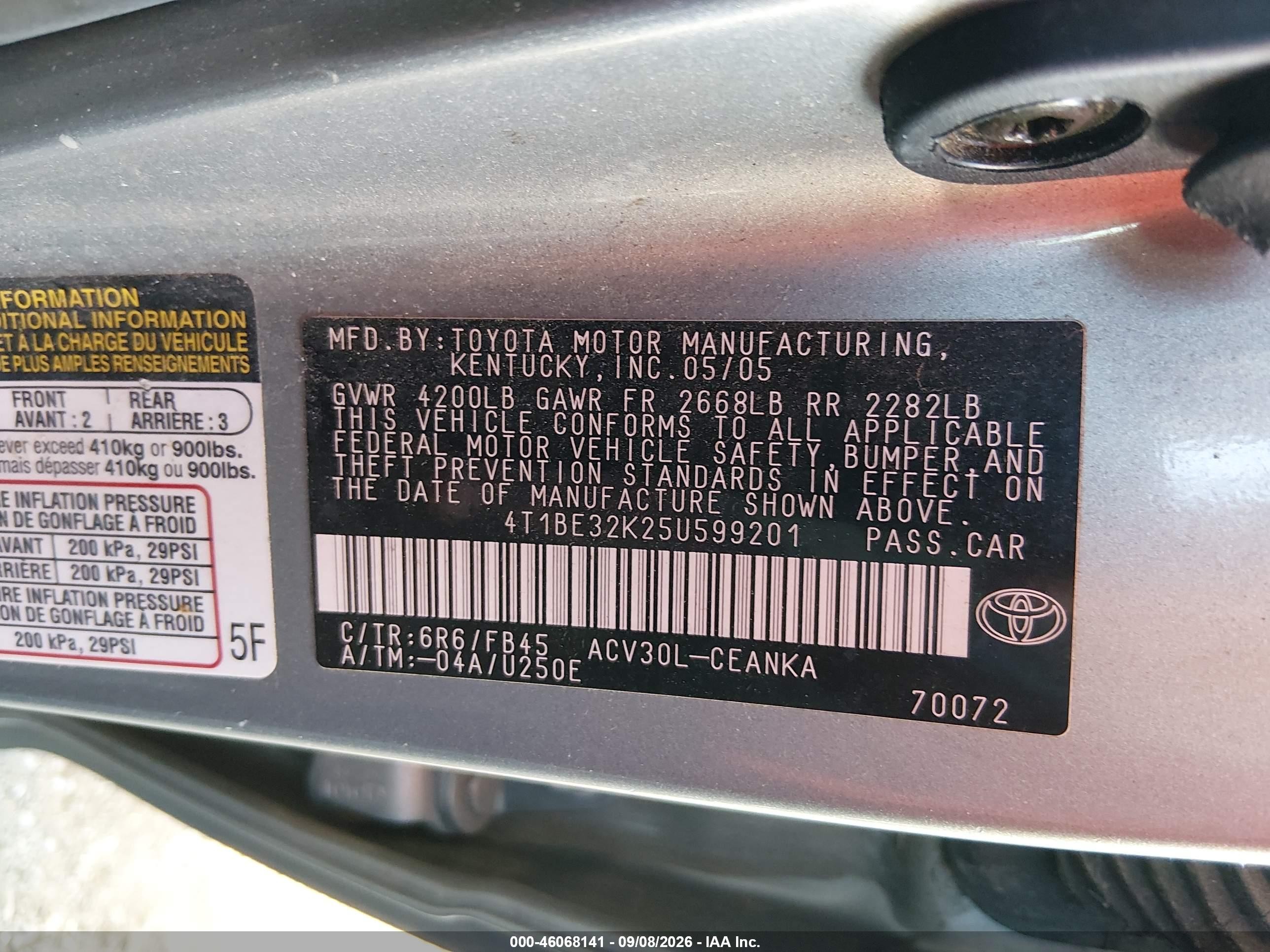2005 Toyota Camry Le Silver vin: 4T1BE32K25U599201
