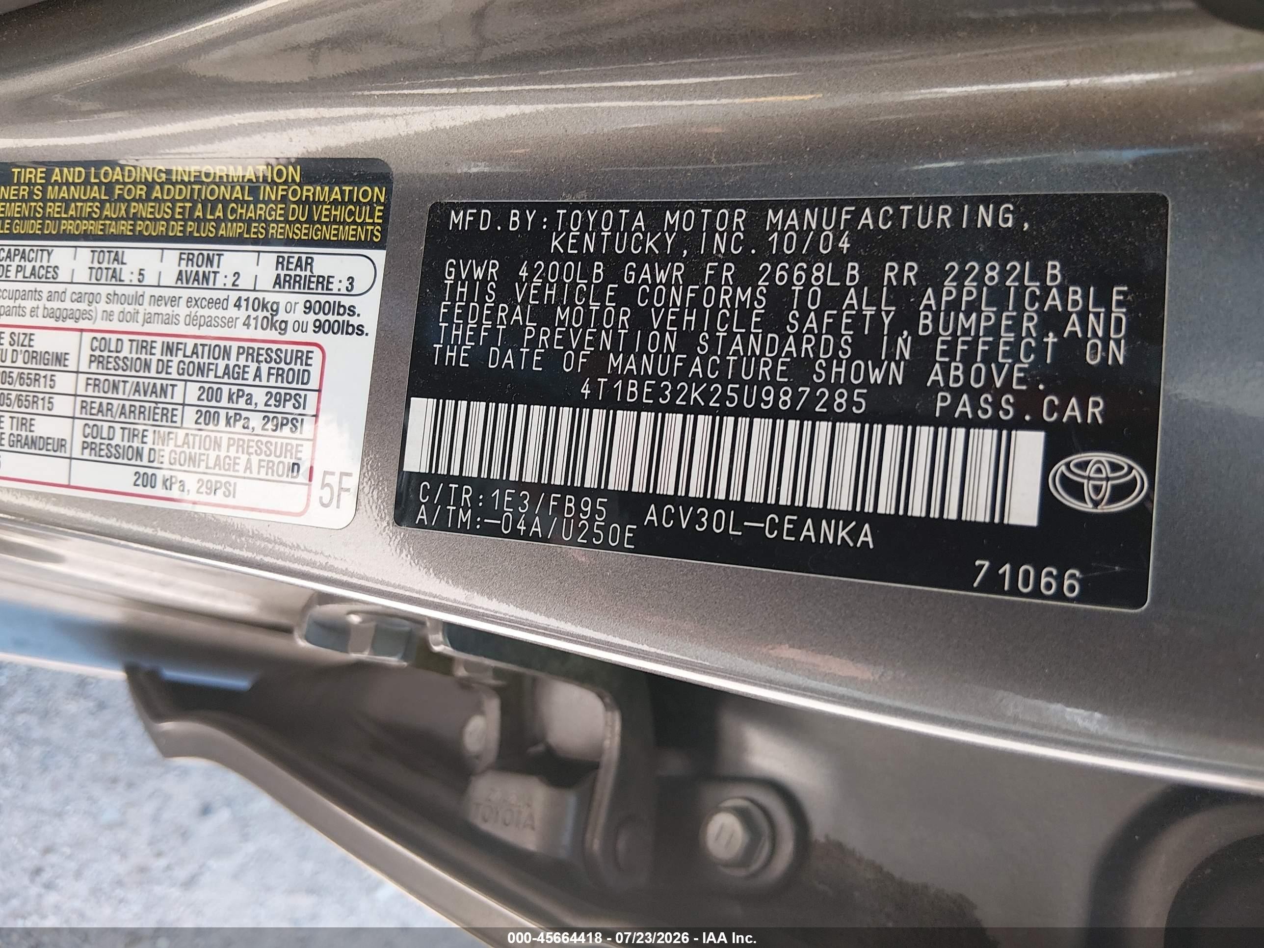 2005 Toyota Camry Le Gray vin: 4T1BE32K25U987285