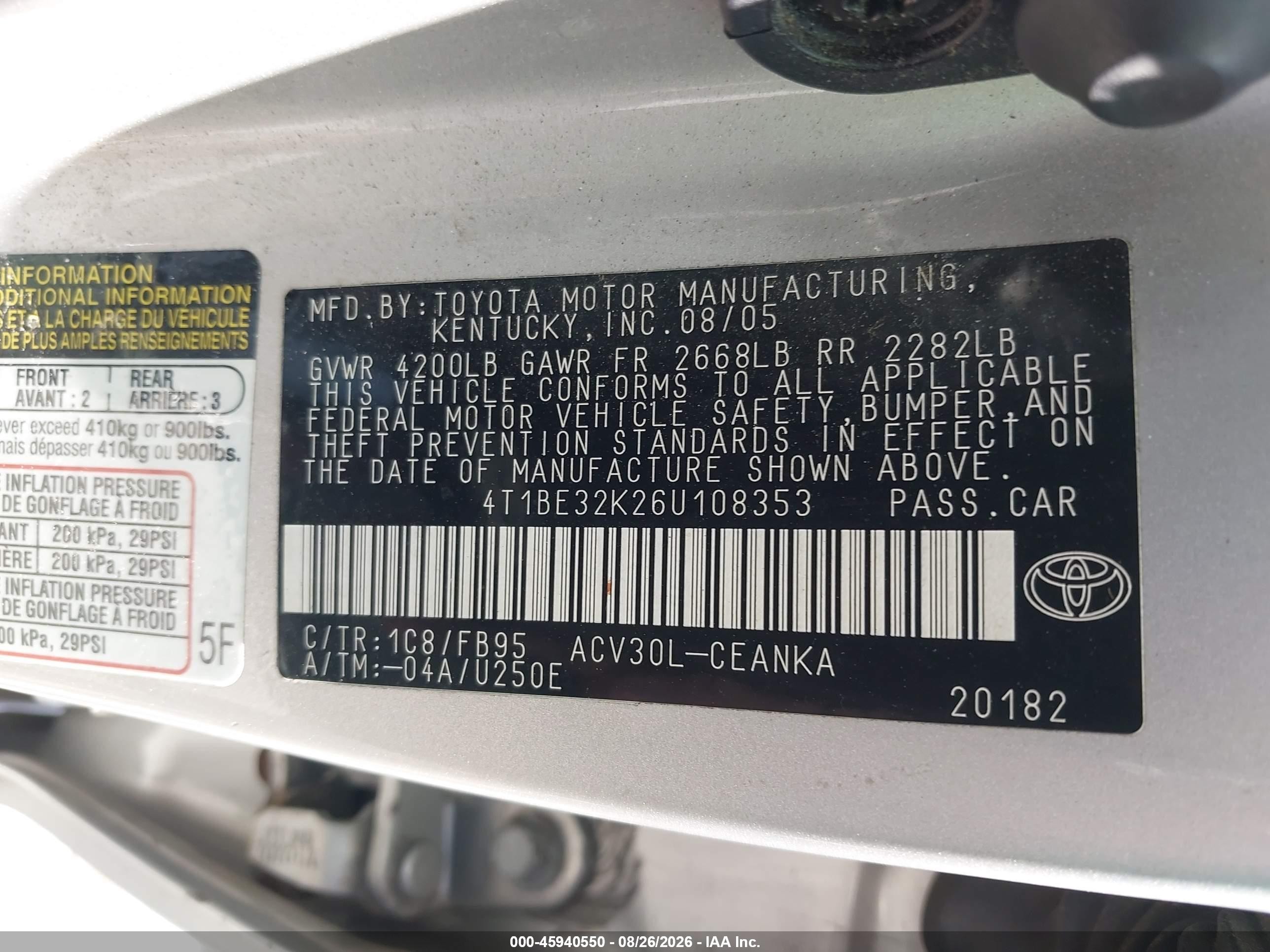 2006 Toyota Camry Le Gray vin: 4T1BE32K26U108353