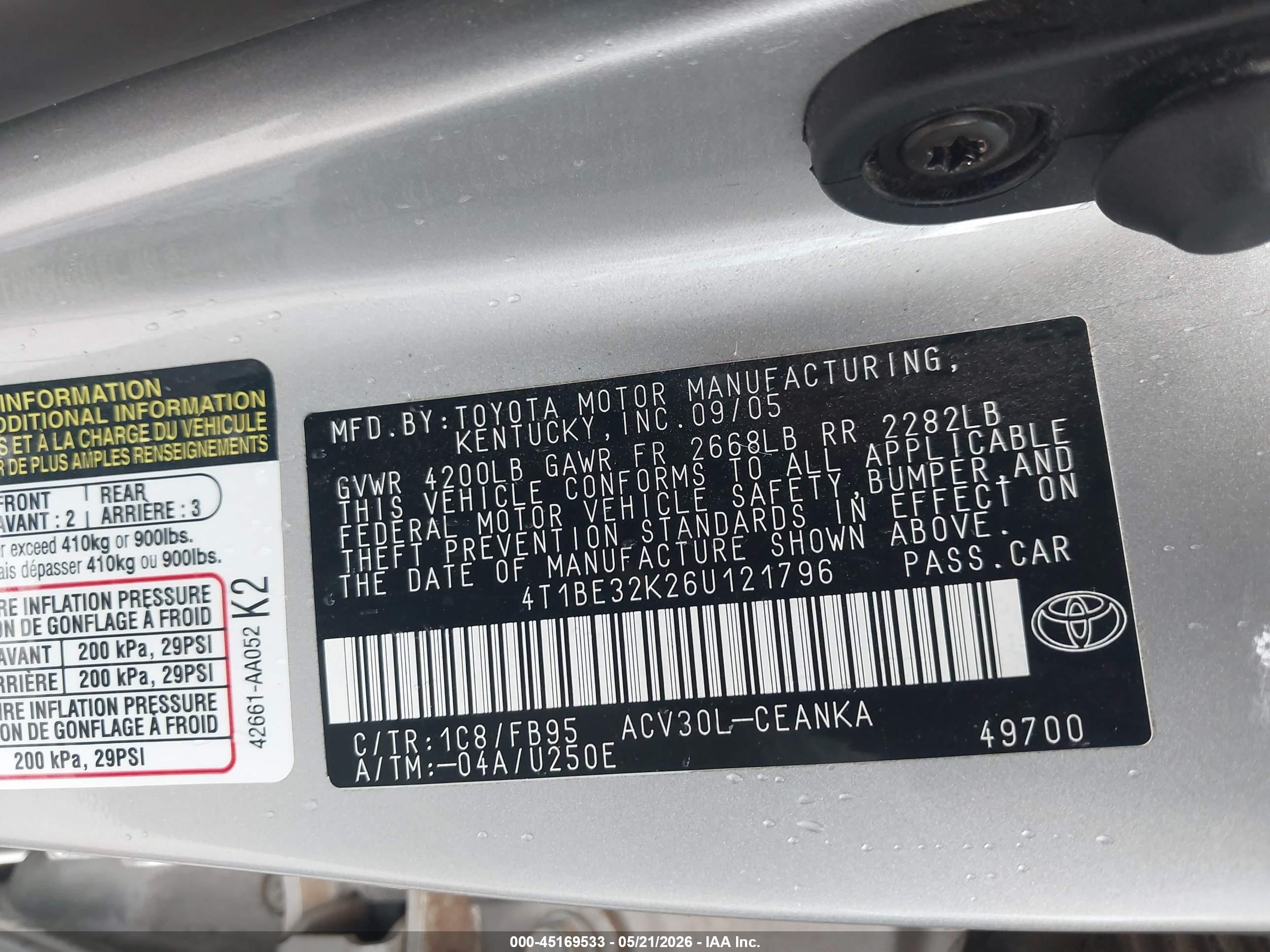 2006 Toyota Camry Le Серебряный vin: 4T1BE32K26U121796