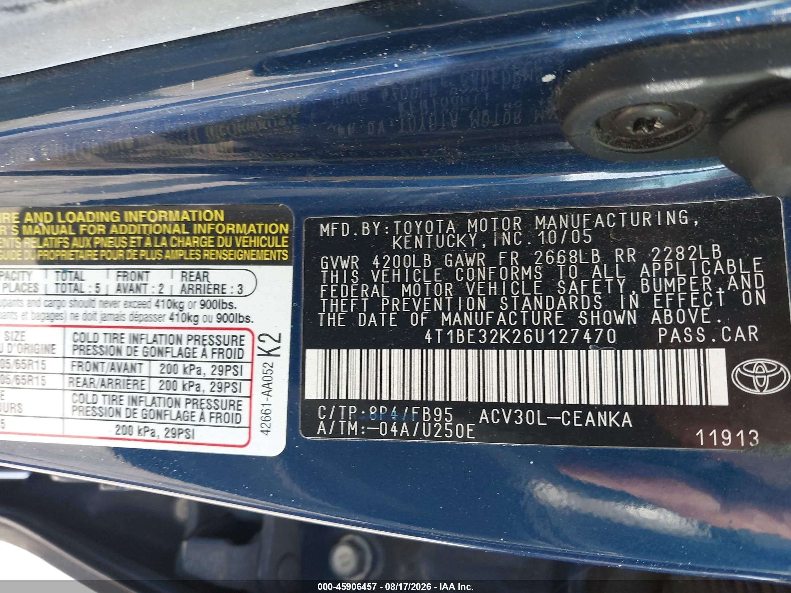 2006 Toyota Camry Le Blue vin: 4T1BE32K26U127470