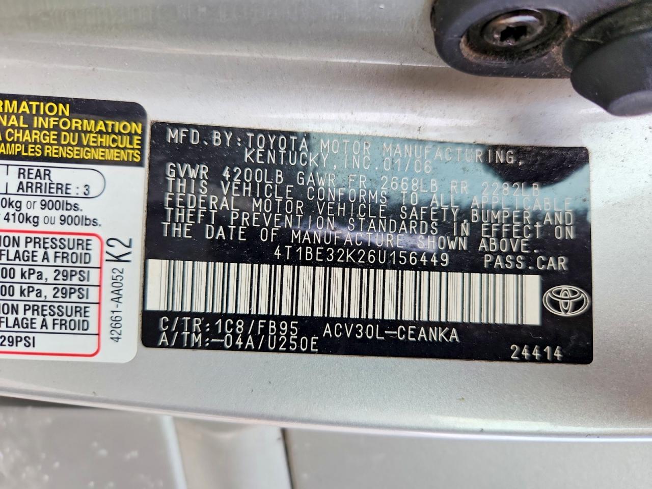 2006 Toyota Camry Le Silver vin: 4T1BE32K26U156449