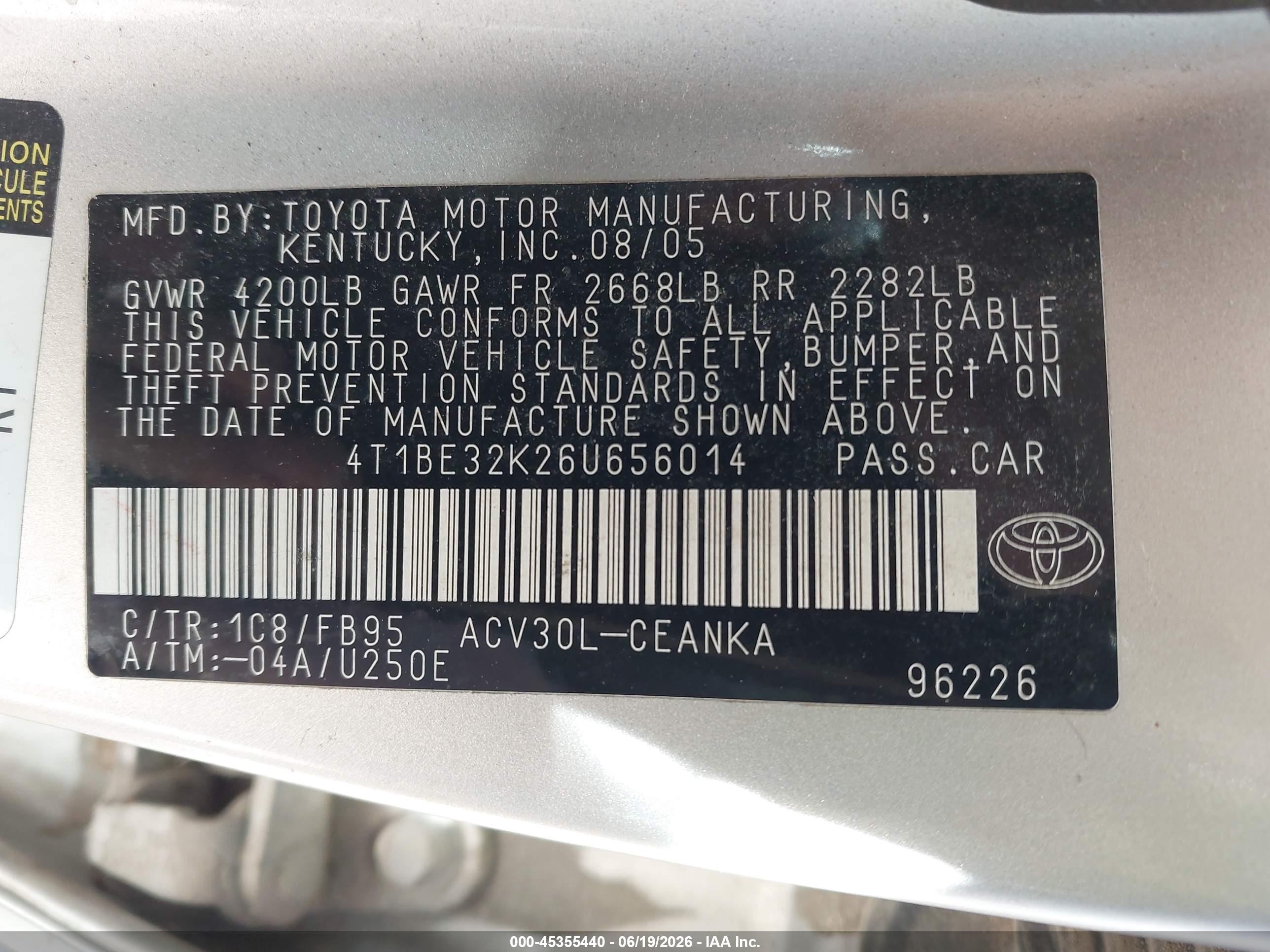 2006 Toyota Camry Std Silver vin: 4T1BE32K26U656014