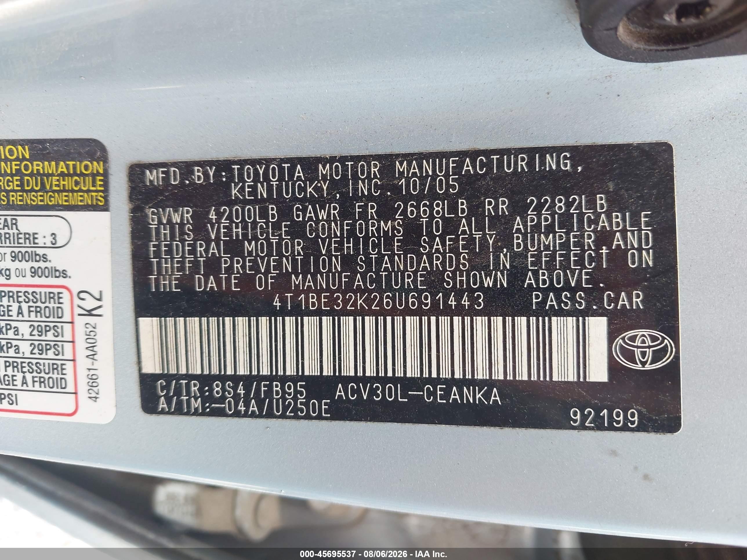 2006 Toyota Camry Le Blue vin: 4T1BE32K26U691443