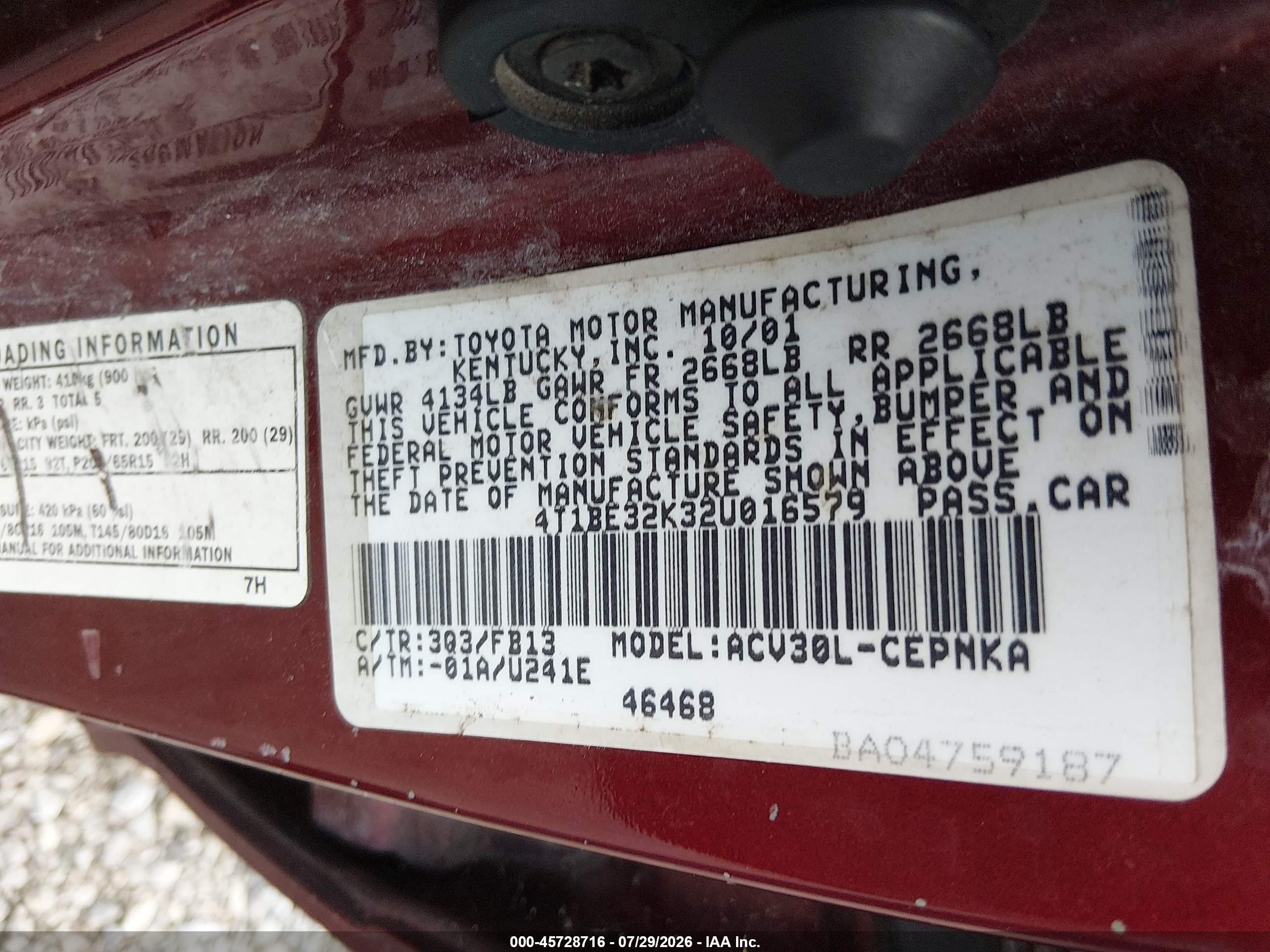 2002 Toyota Camry Le Red vin: 4T1BE32K32U016579