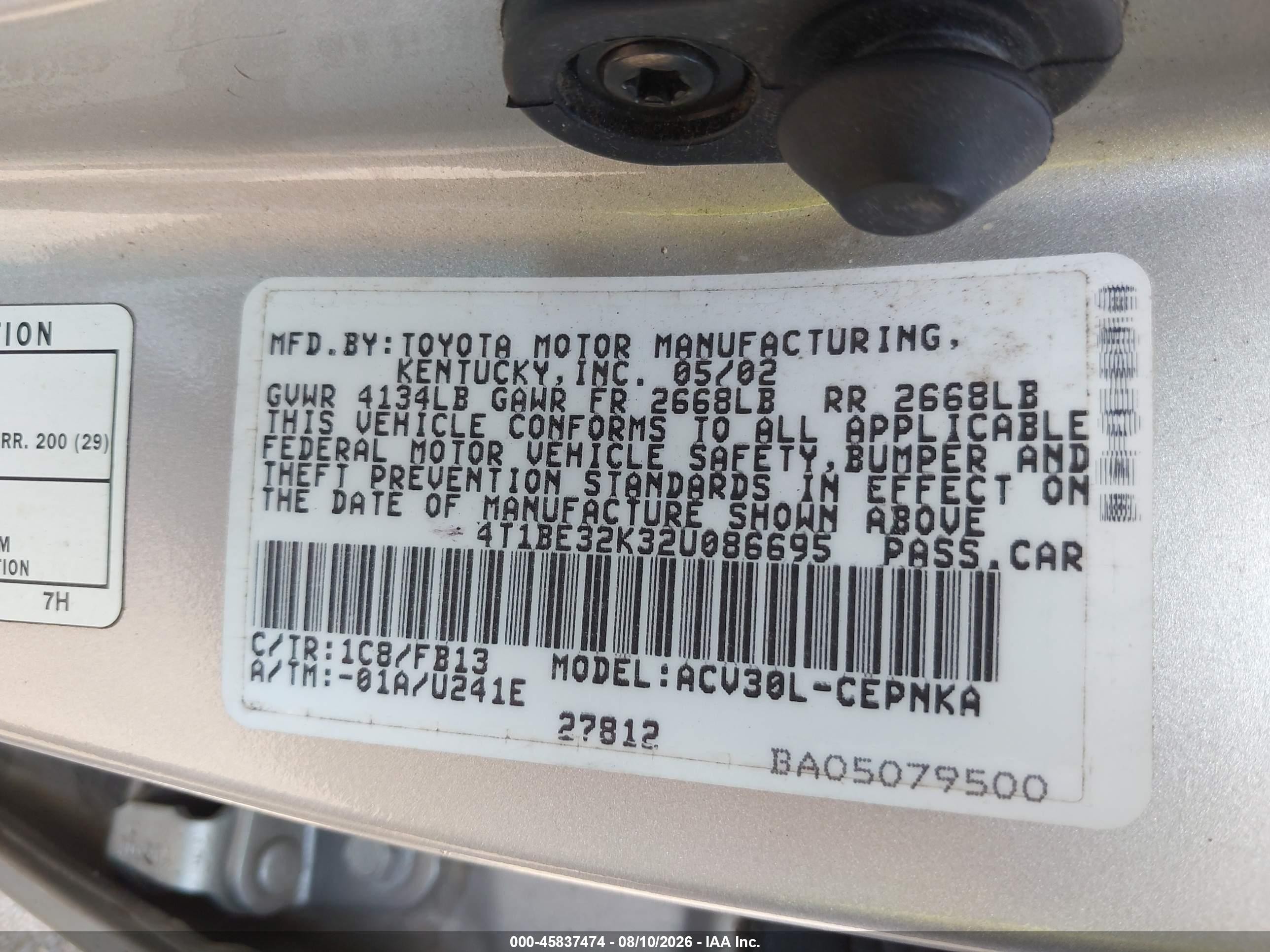 2002 Toyota Camry Le Silver vin: 4T1BE32K32U086695