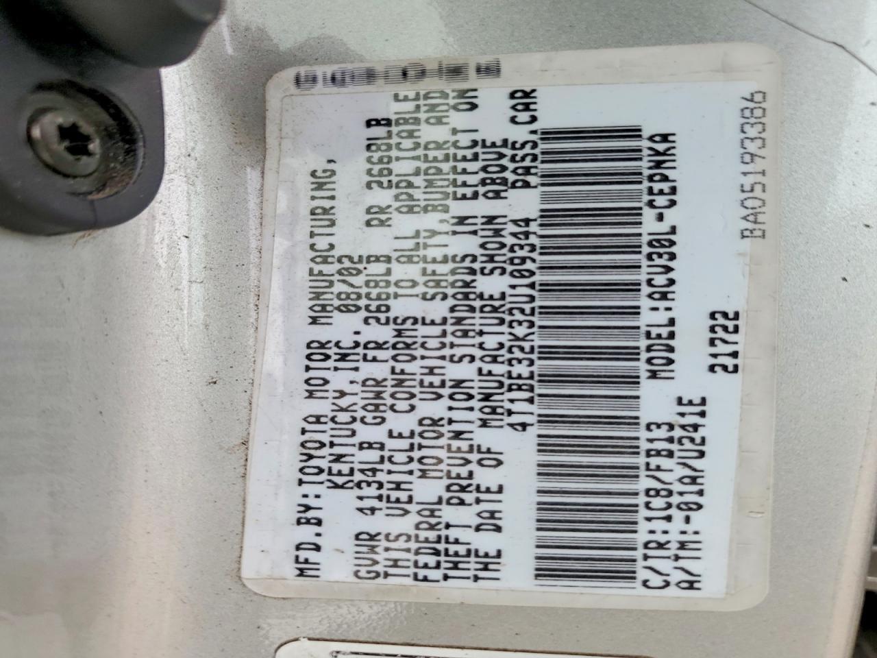 2002 Toyota Camry Le Silver vin: 4T1BE32K32U109344