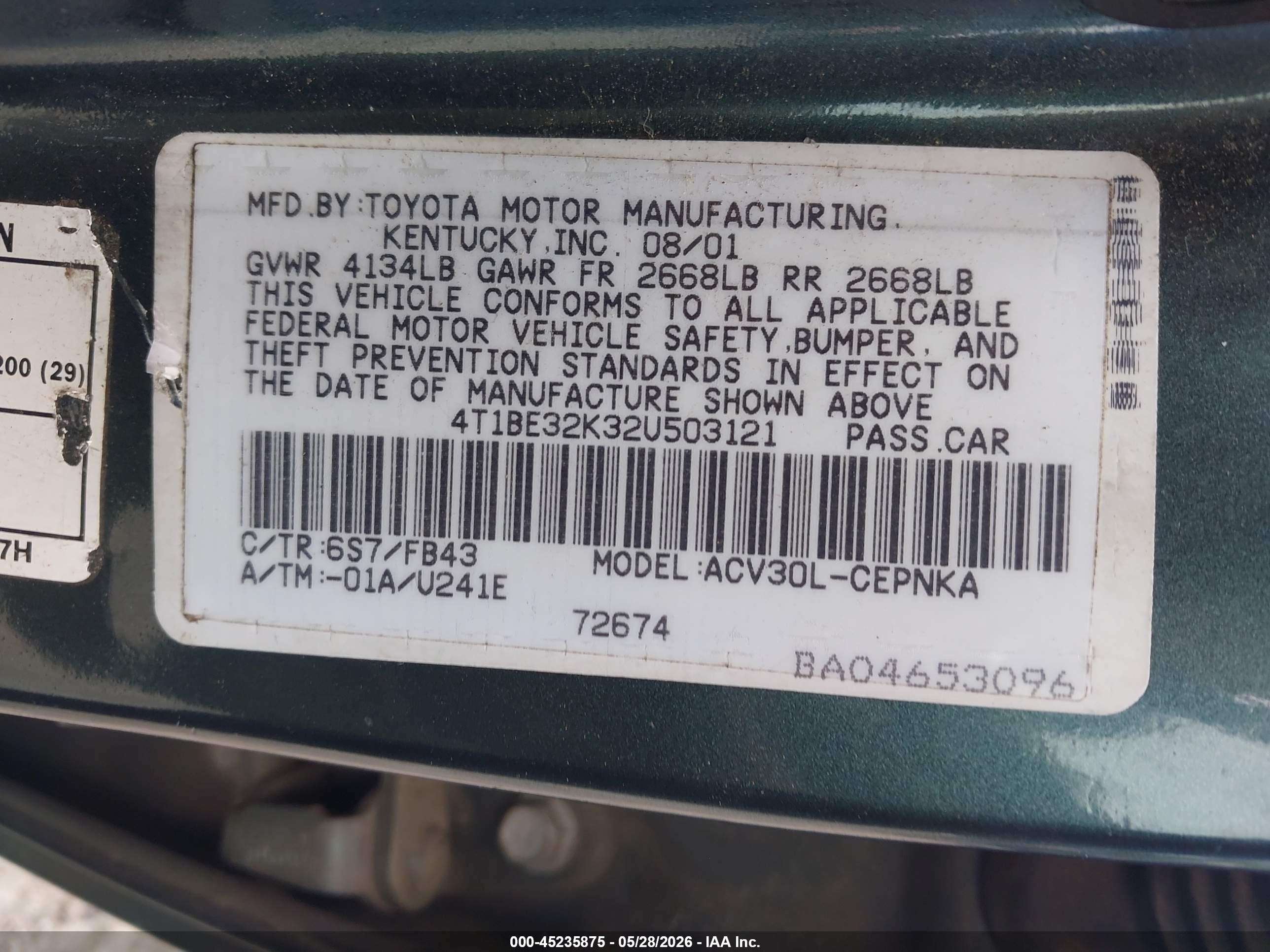 2002 Toyota Camry Le Green vin: 4T1BE32K32U503121