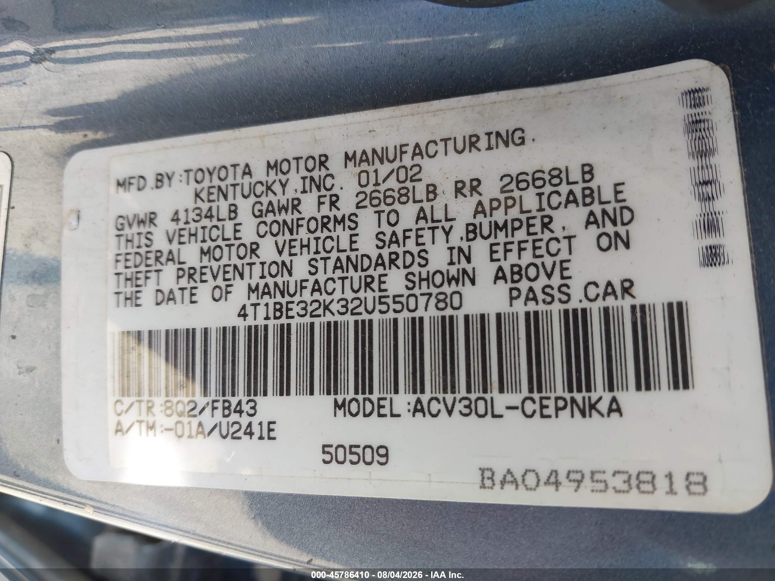 2002 Toyota Camry Le Blue vin: 4T1BE32K32U550780