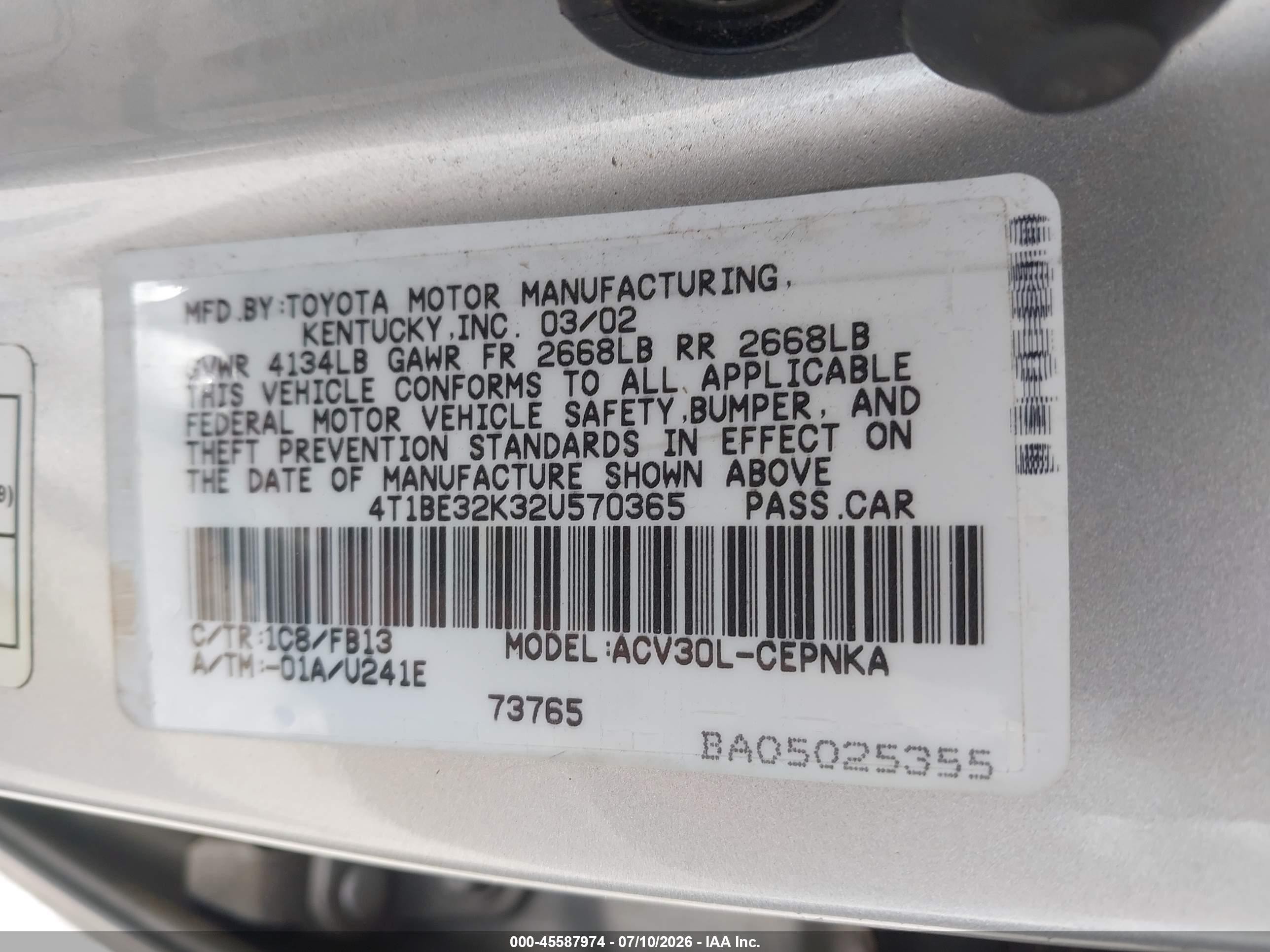 2002 Toyota Camry Le Silver vin: 4T1BE32K32U570365