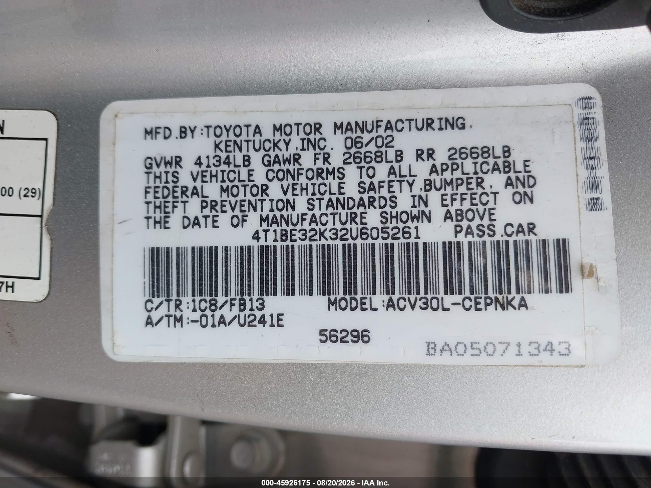 2002 Toyota Camry Le Silver vin: 4T1BE32K32U605261