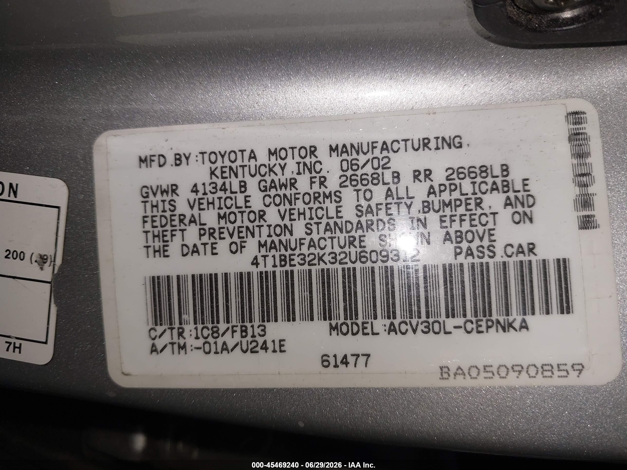 2002 Toyota Camry Le Gray vin: 4T1BE32K32U609312