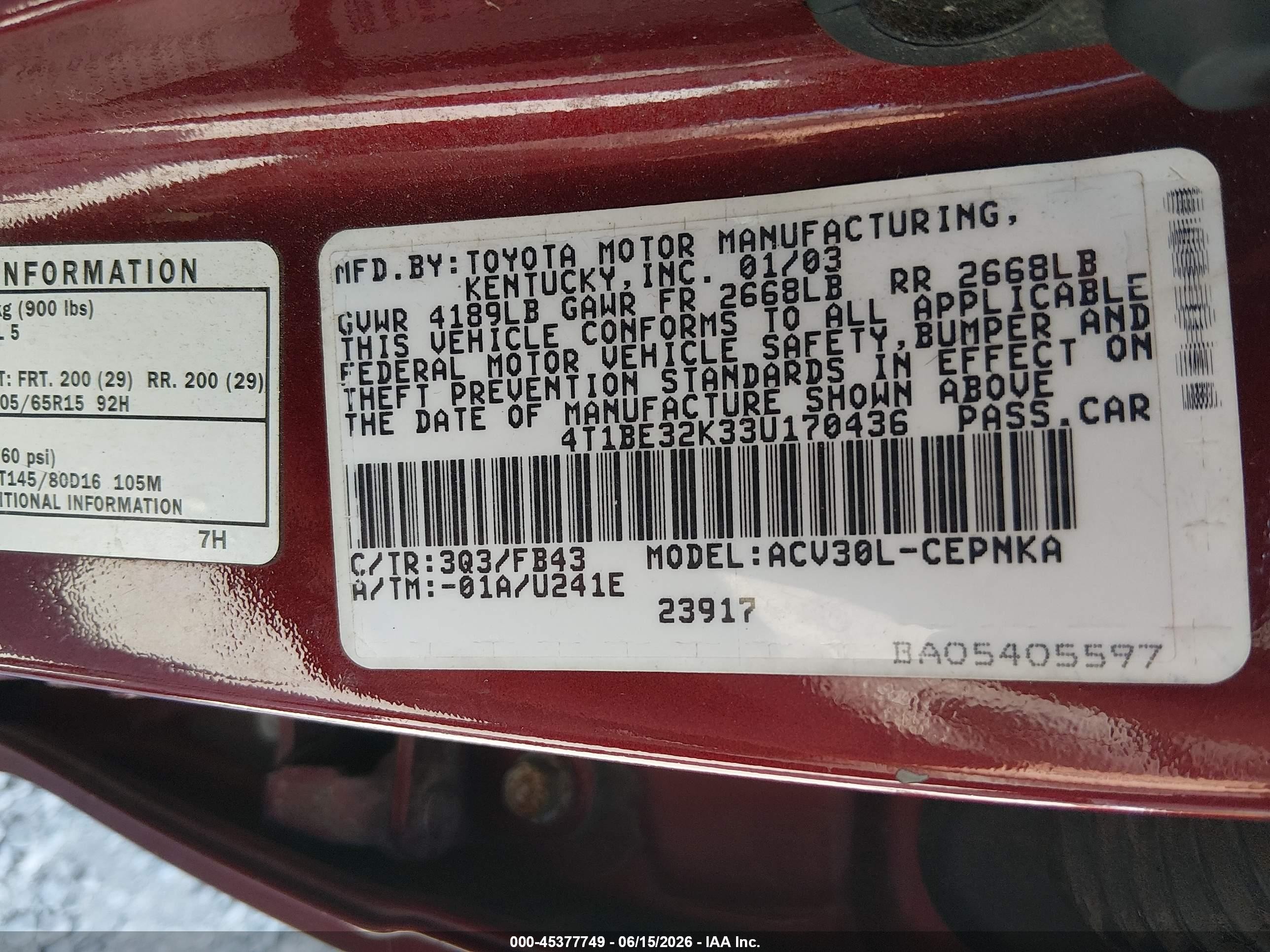 2003 Toyota Camry Le Maroon vin: 4T1BE32K33U170436
