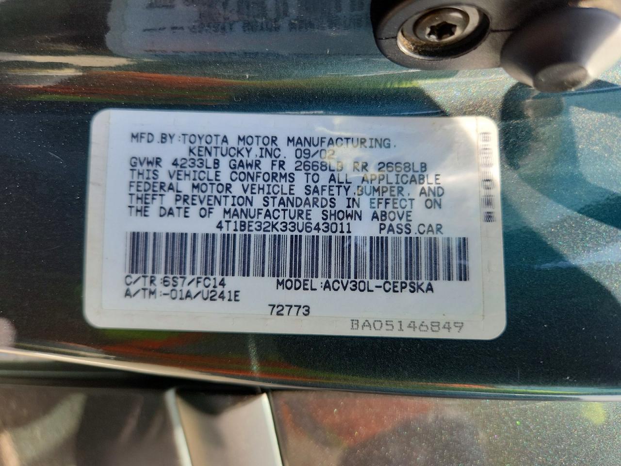2003 Toyota Camry Se Green vin: 4T1BE32K33U643011