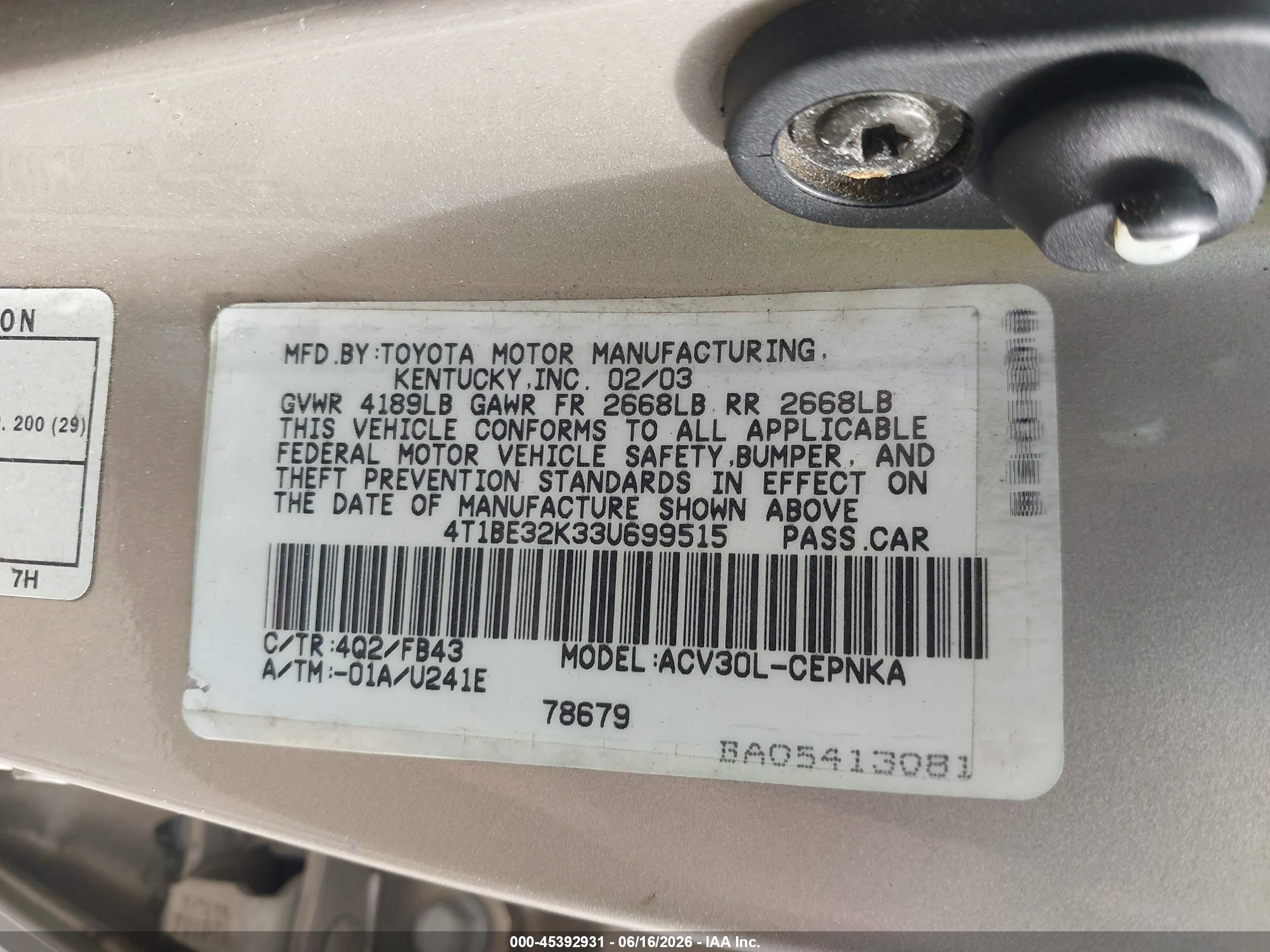2003 Toyota Camry Le Beige vin: 4T1BE32K33U699515