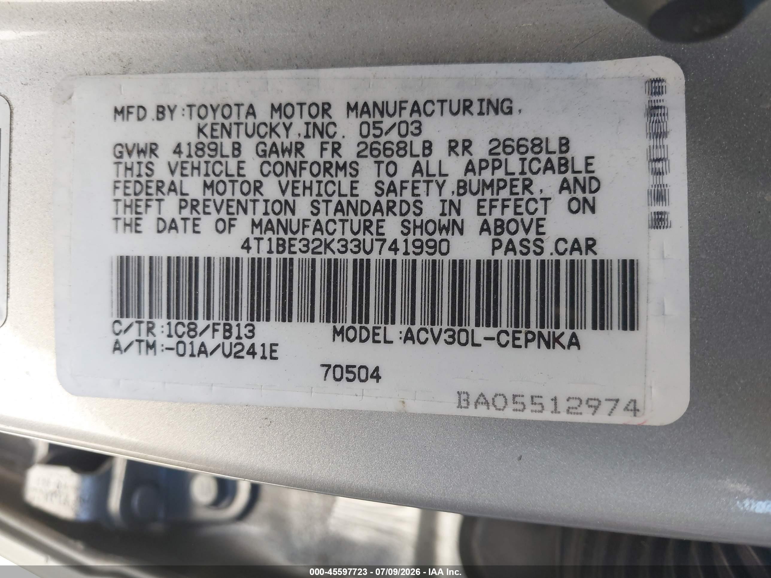 2003 Toyota Camry Le Silver vin: 4T1BE32K33U741990