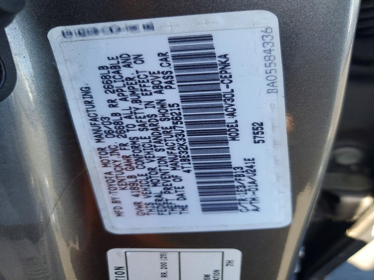 2003 Toyota Camry Le Gray vin: 4T1BE32K33U756215
