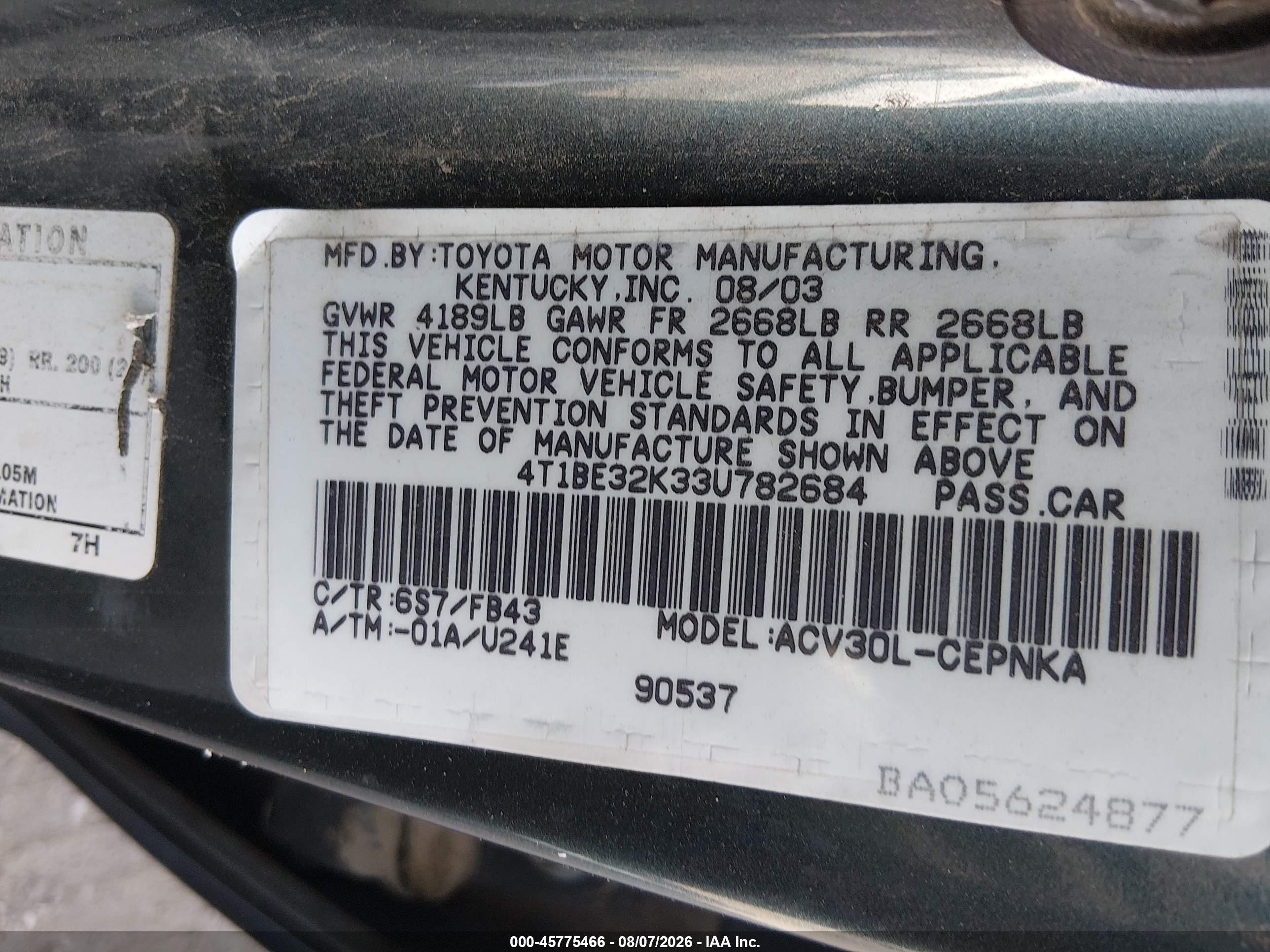 2003 Toyota Camry Le Green vin: 4T1BE32K33U782684