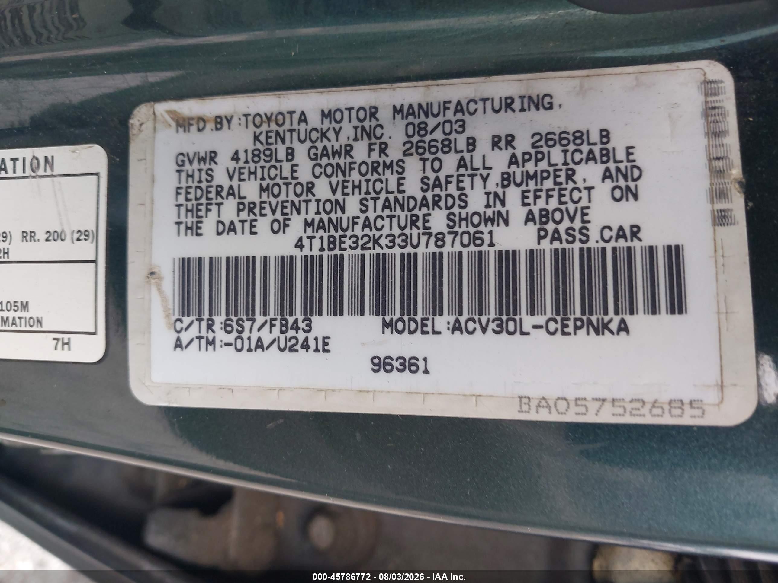 2003 Toyota Camry Le Green vin: 4T1BE32K33U787061