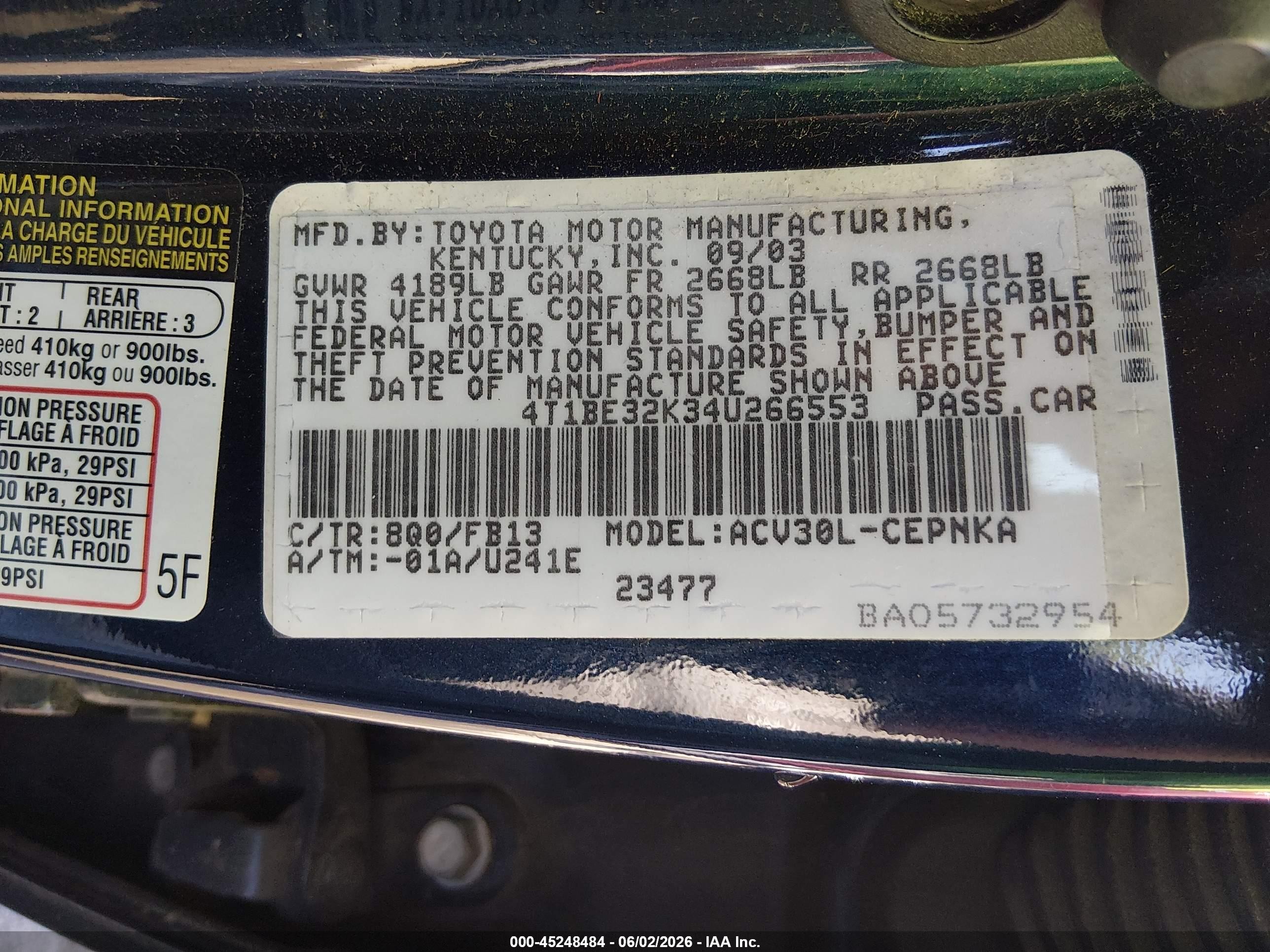2004 Toyota Camry Le Blue vin: 4T1BE32K34U266553