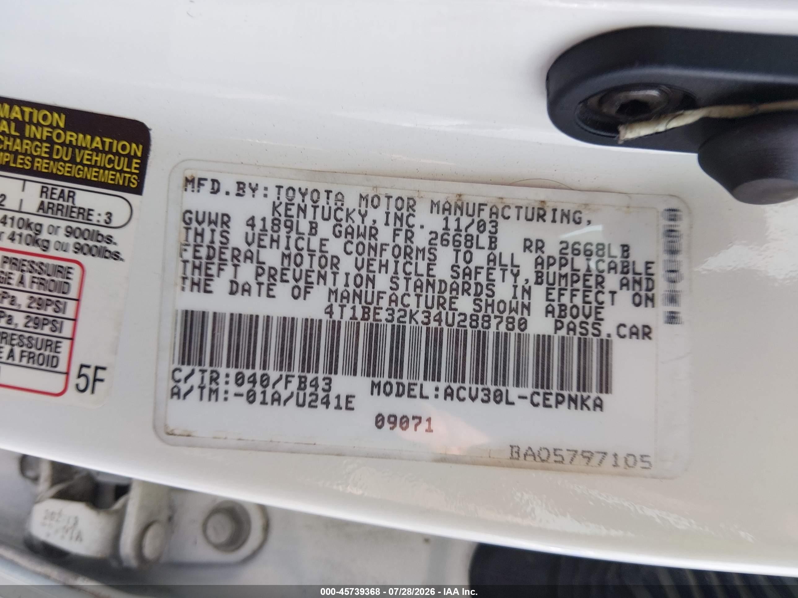 2004 Toyota Camry Le White vin: 4T1BE32K34U288780