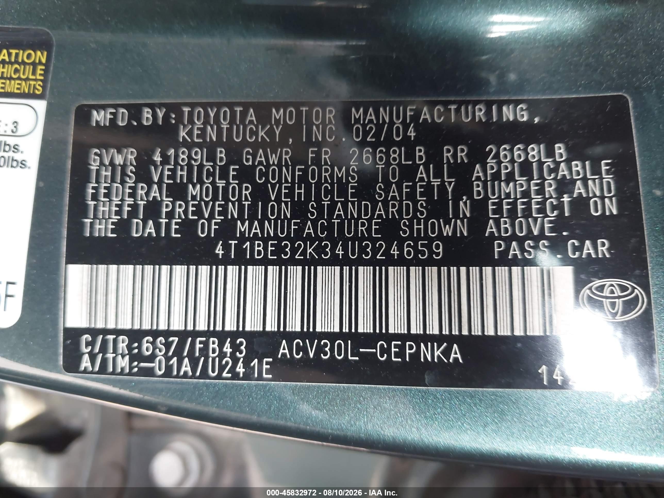 2004 Toyota Camry Le Green vin: 4T1BE32K34U324659