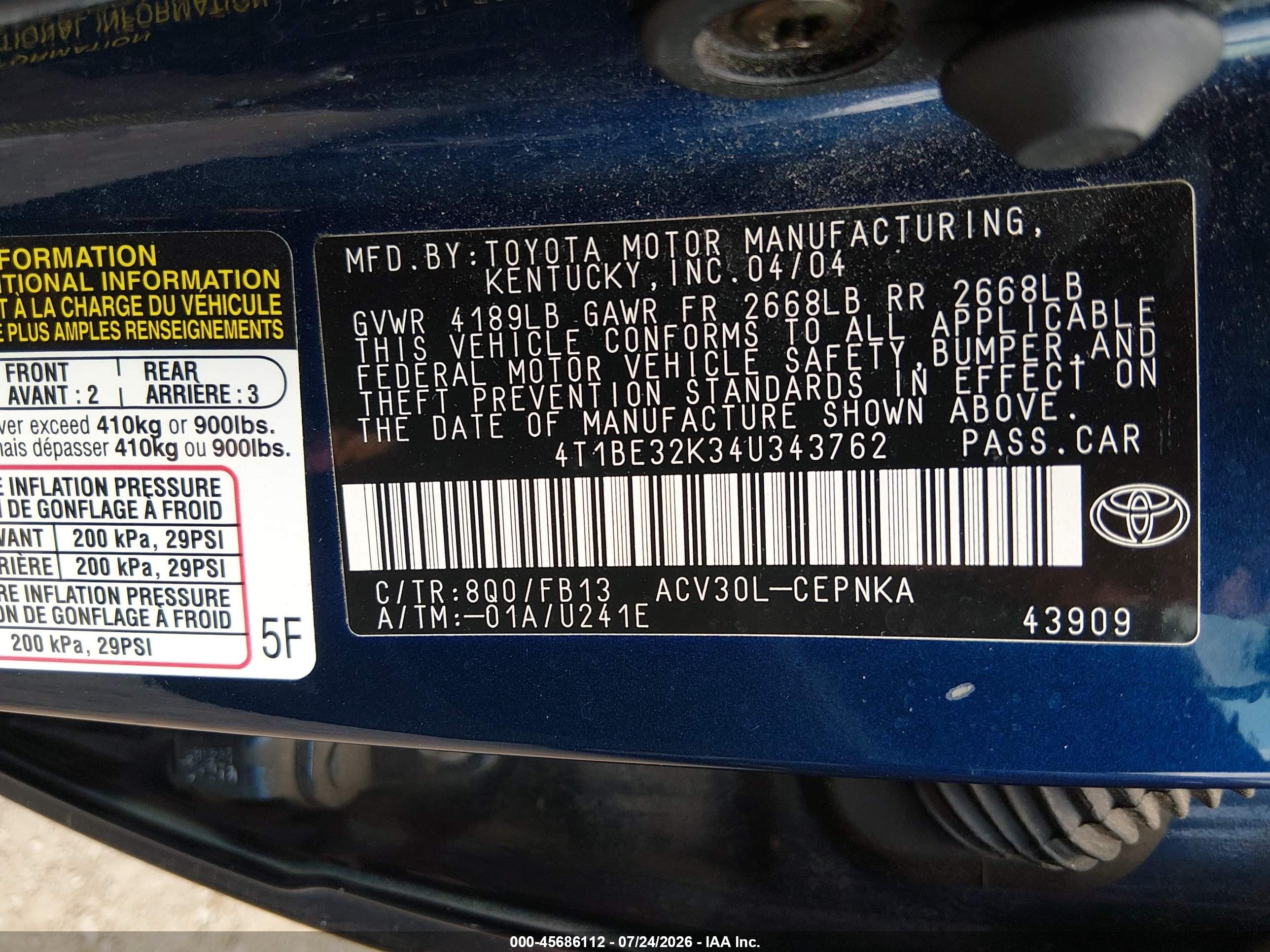 2004 Toyota Camry Le Dark Blue vin: 4T1BE32K34U343762