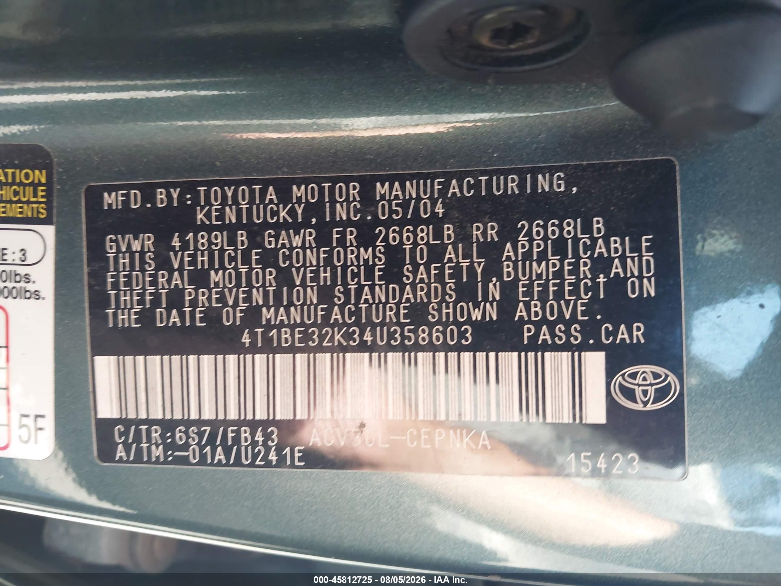 2004 Toyota Camry Le Gray vin: 4T1BE32K34U358603