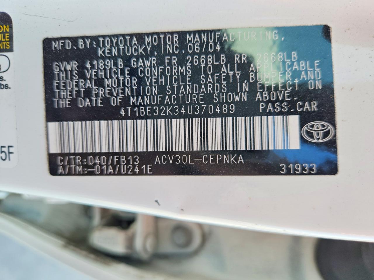 2004 Toyota Camry Le Белый vin: 4T1BE32K34U370489