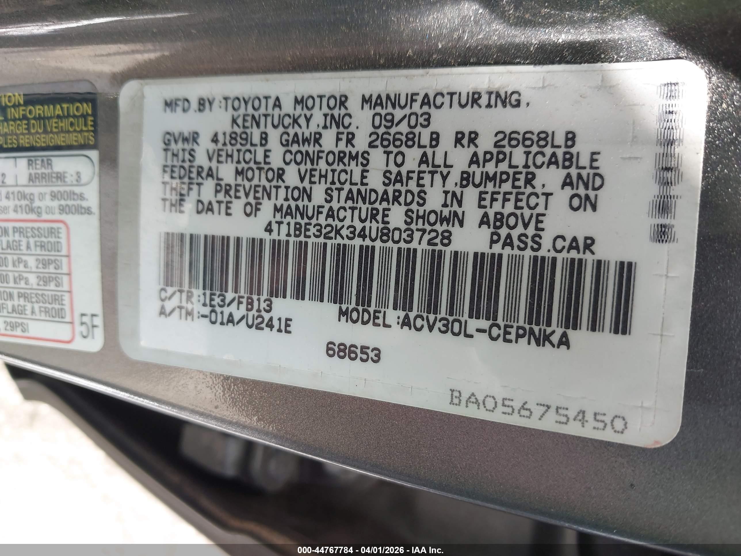 2004 Toyota Camry Le Gray vin: 4T1BE32K34U803728