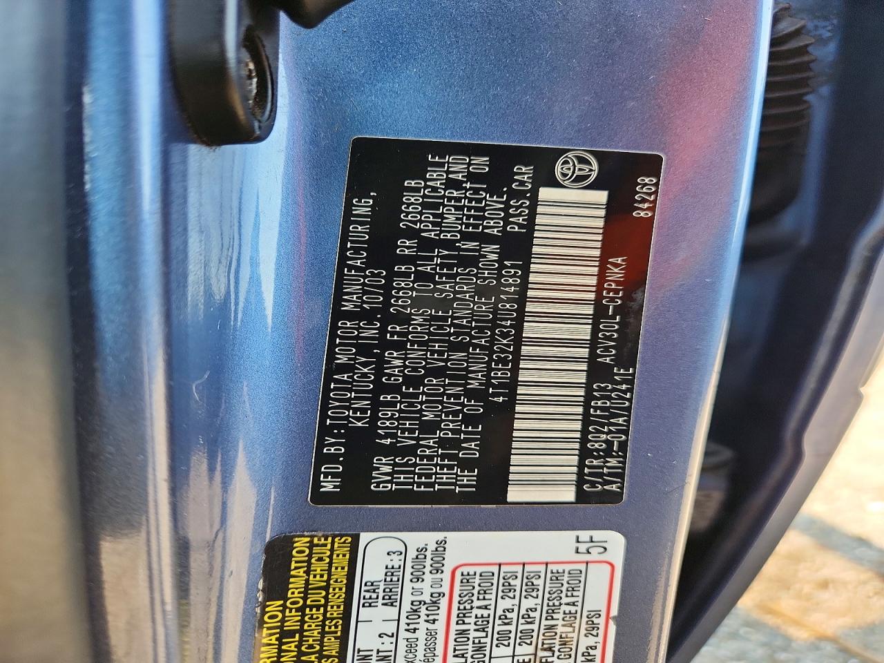 2004 Toyota Camry Le Blue vin: 4T1BE32K34U814891