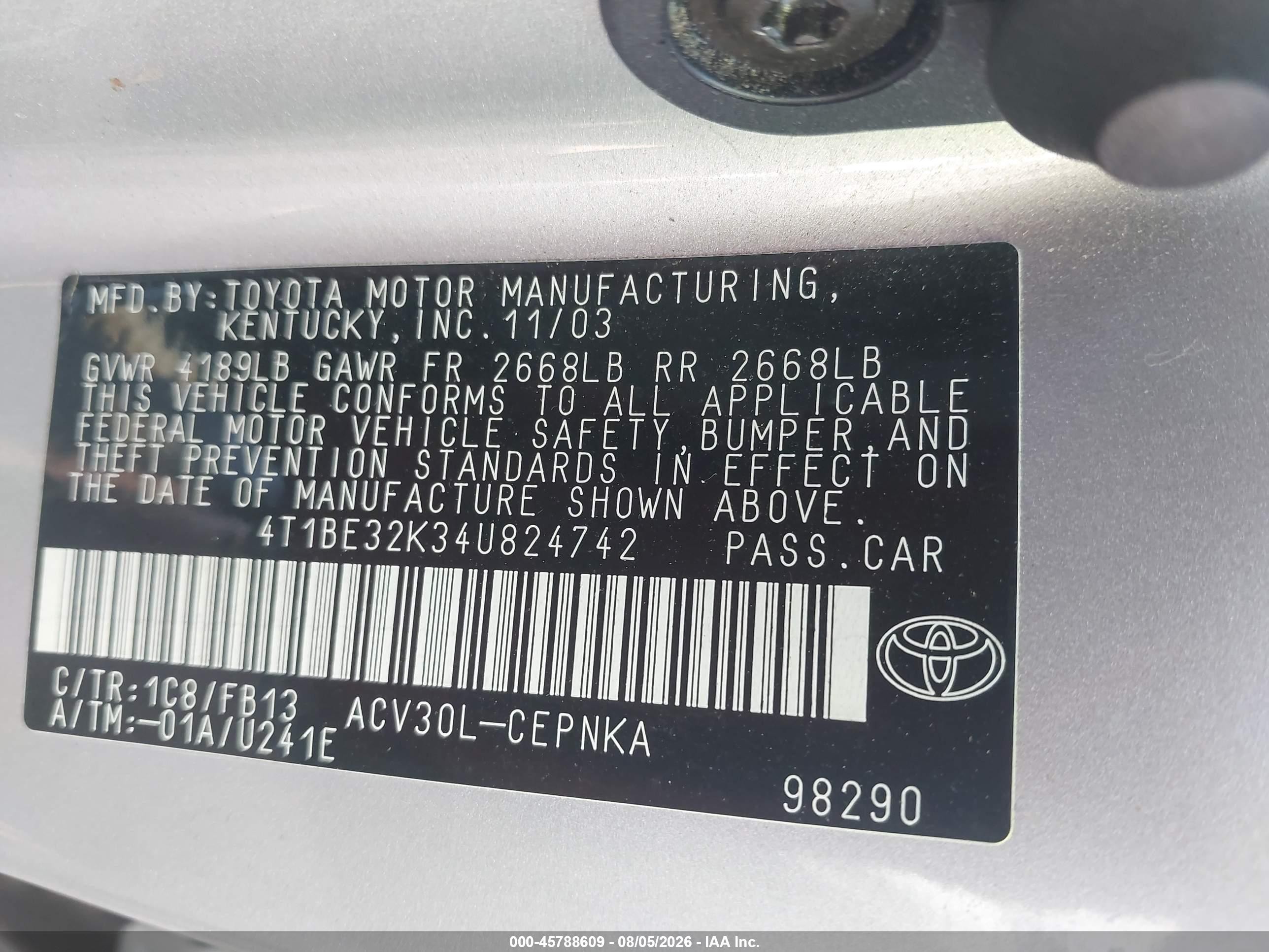 2004 Toyota Camry Le Серебряный vin: 4T1BE32K34U824742